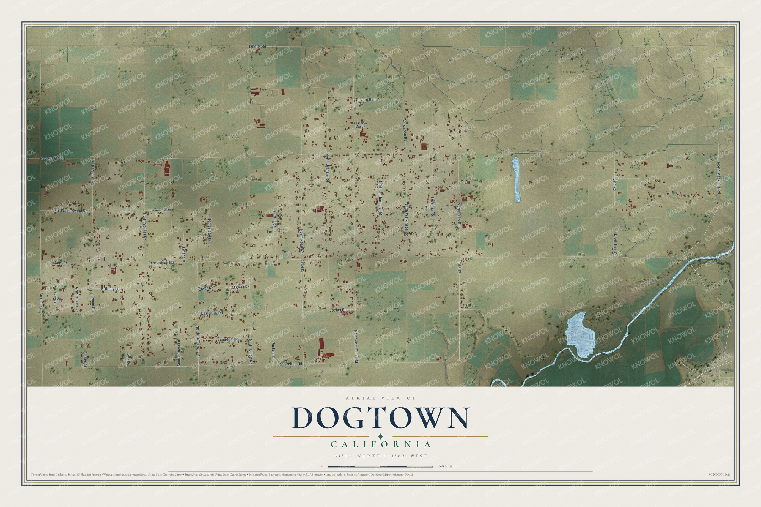 Full map of Dogtown, California, with red buildings, printed street names and the land around them