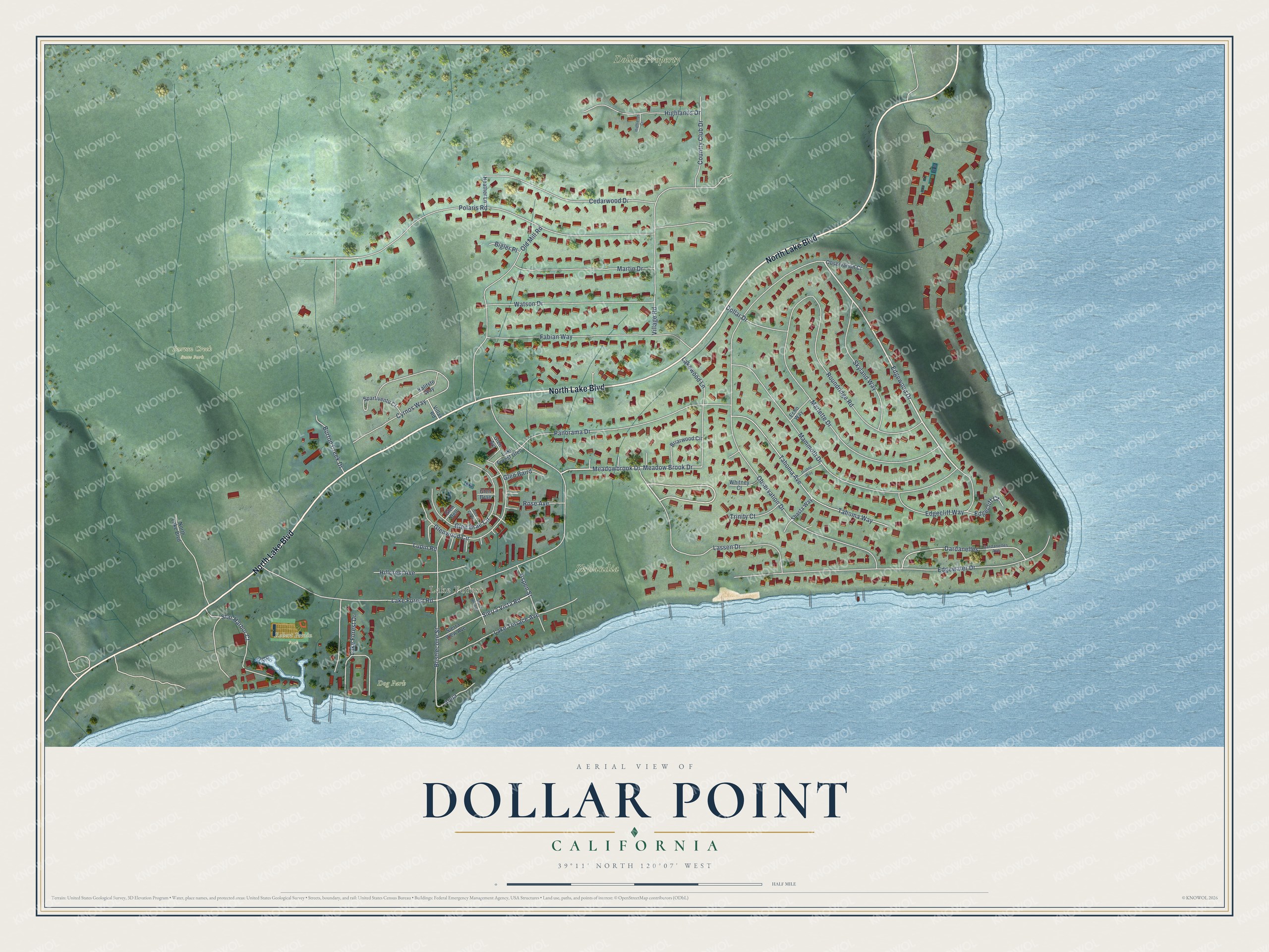 Full map of Dollar Point, California, with red buildings, printed street names and the land around them