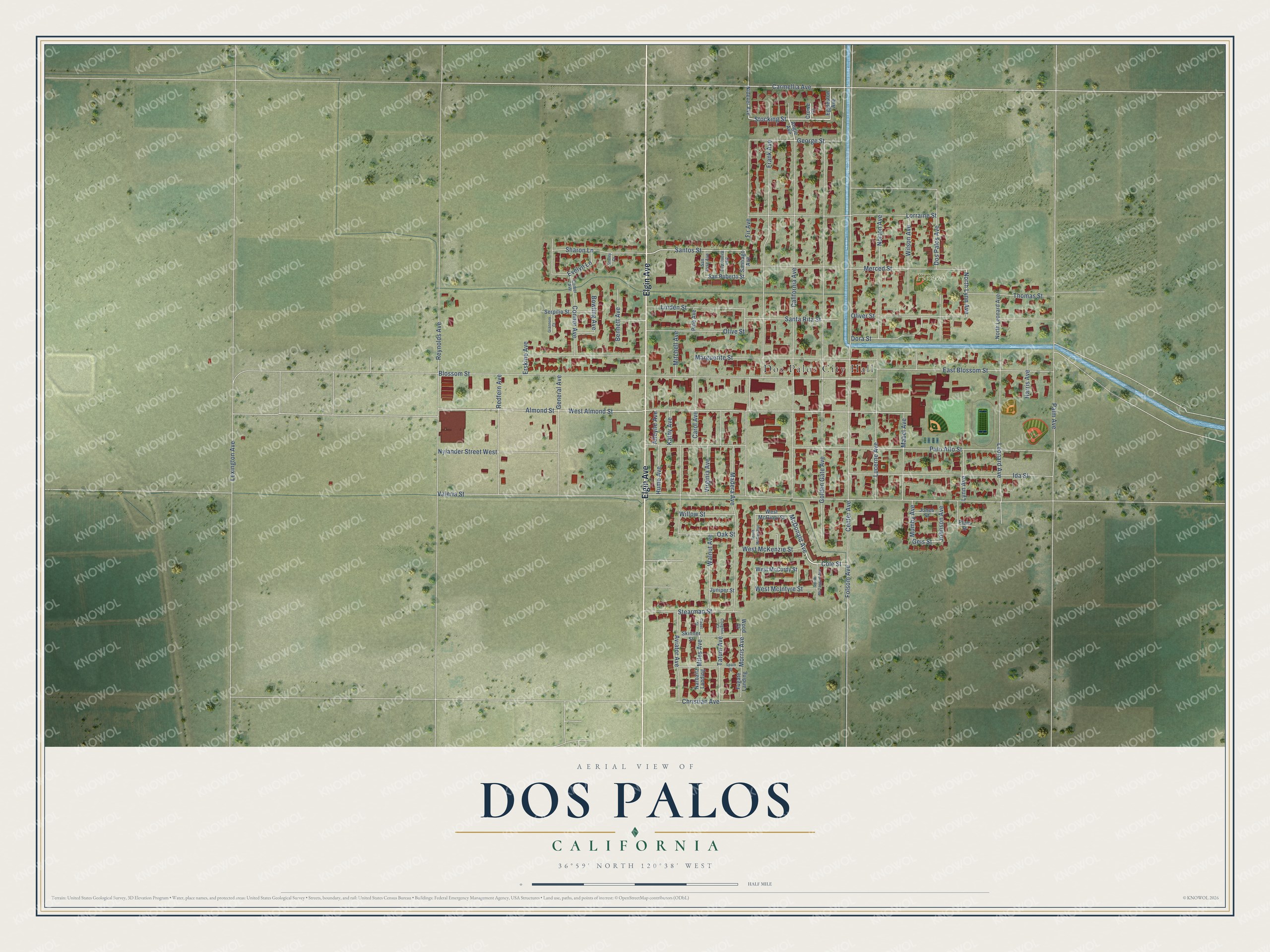 Full map of Dos Palos, California, with red buildings, printed street names and the land around them