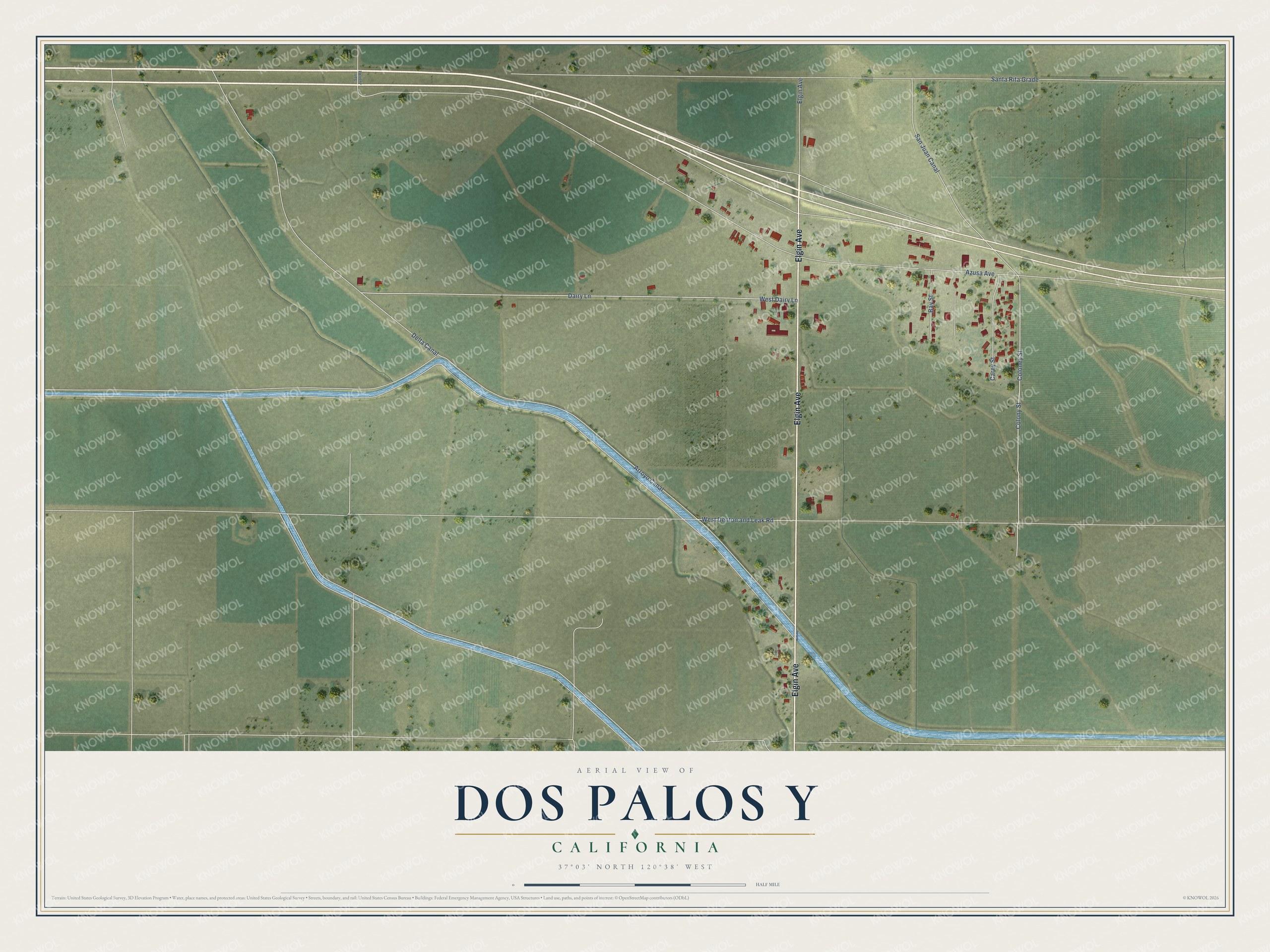 Full map of Dos Palos Y, California, with red buildings, printed street names and the land around them