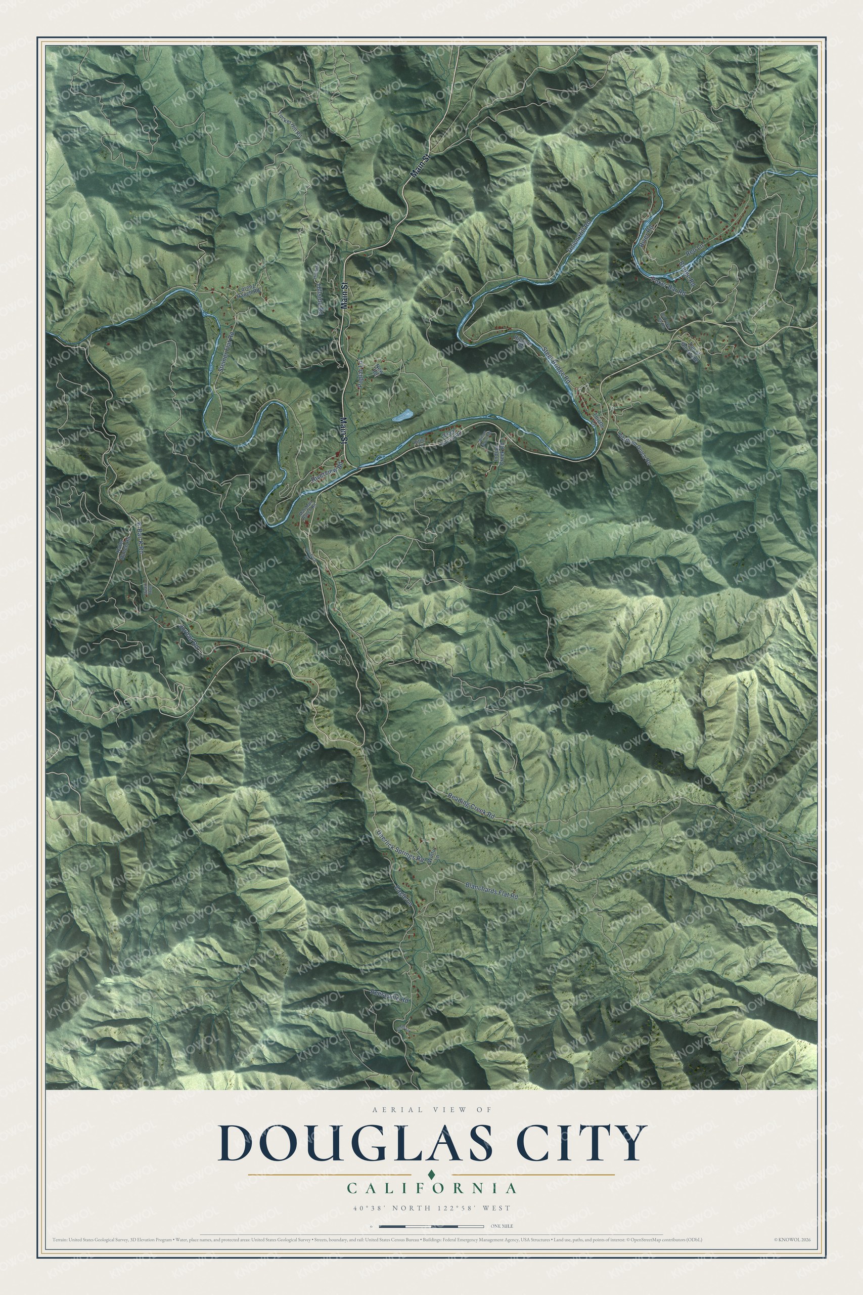 Full map of Douglas City, California, with red buildings, printed street names and the land around them