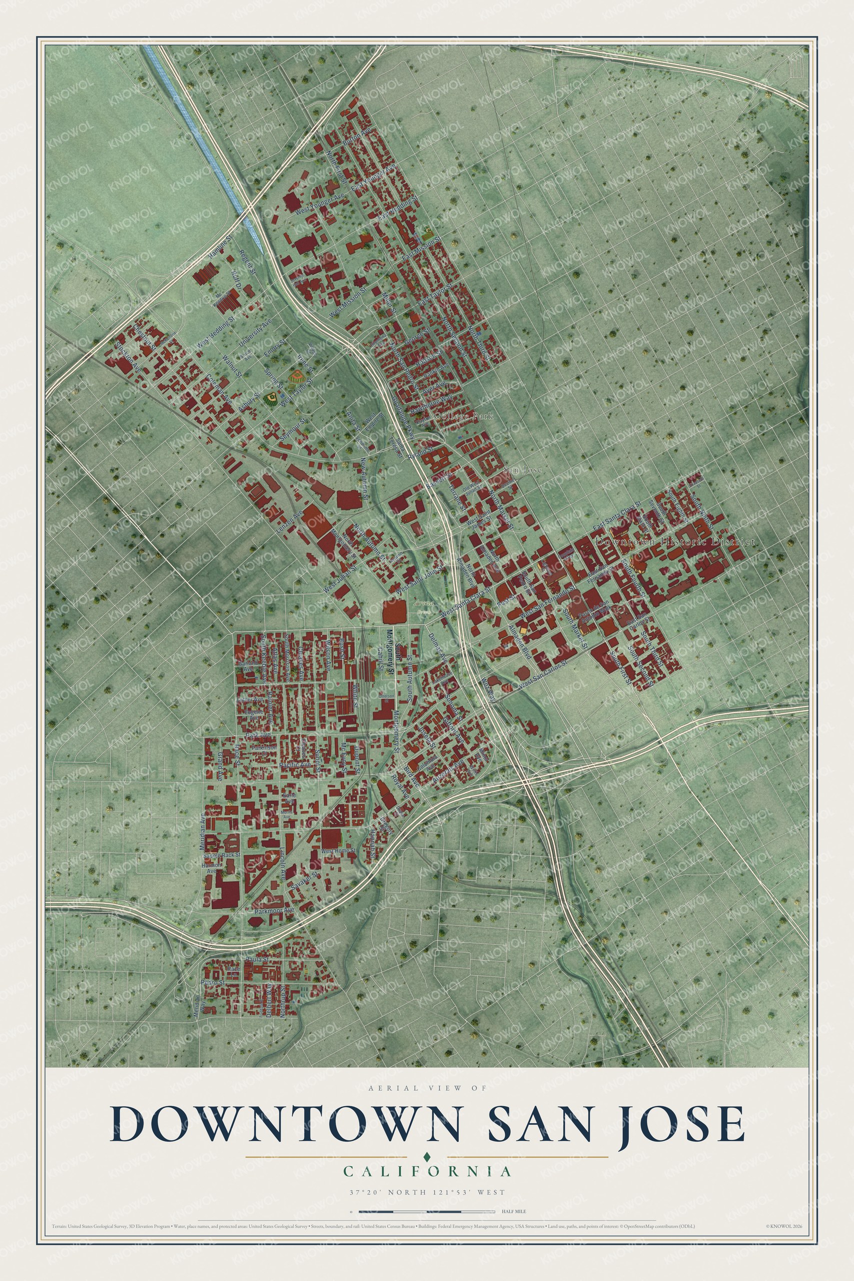 Full map of Downtown San Jose, California, with red buildings, printed street names and the land around them