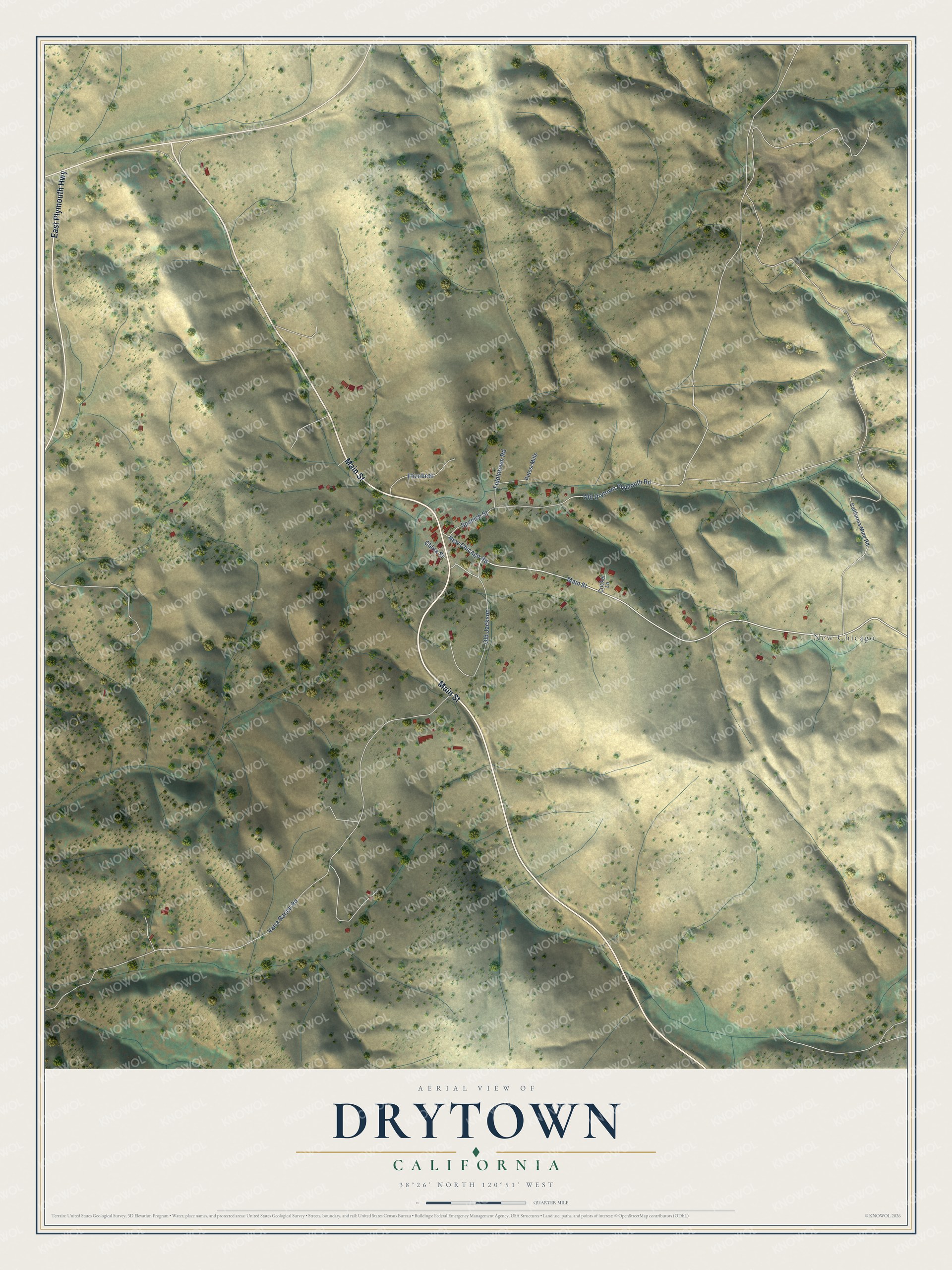 Full map of Drytown, California, with red buildings, printed street names and the land around them