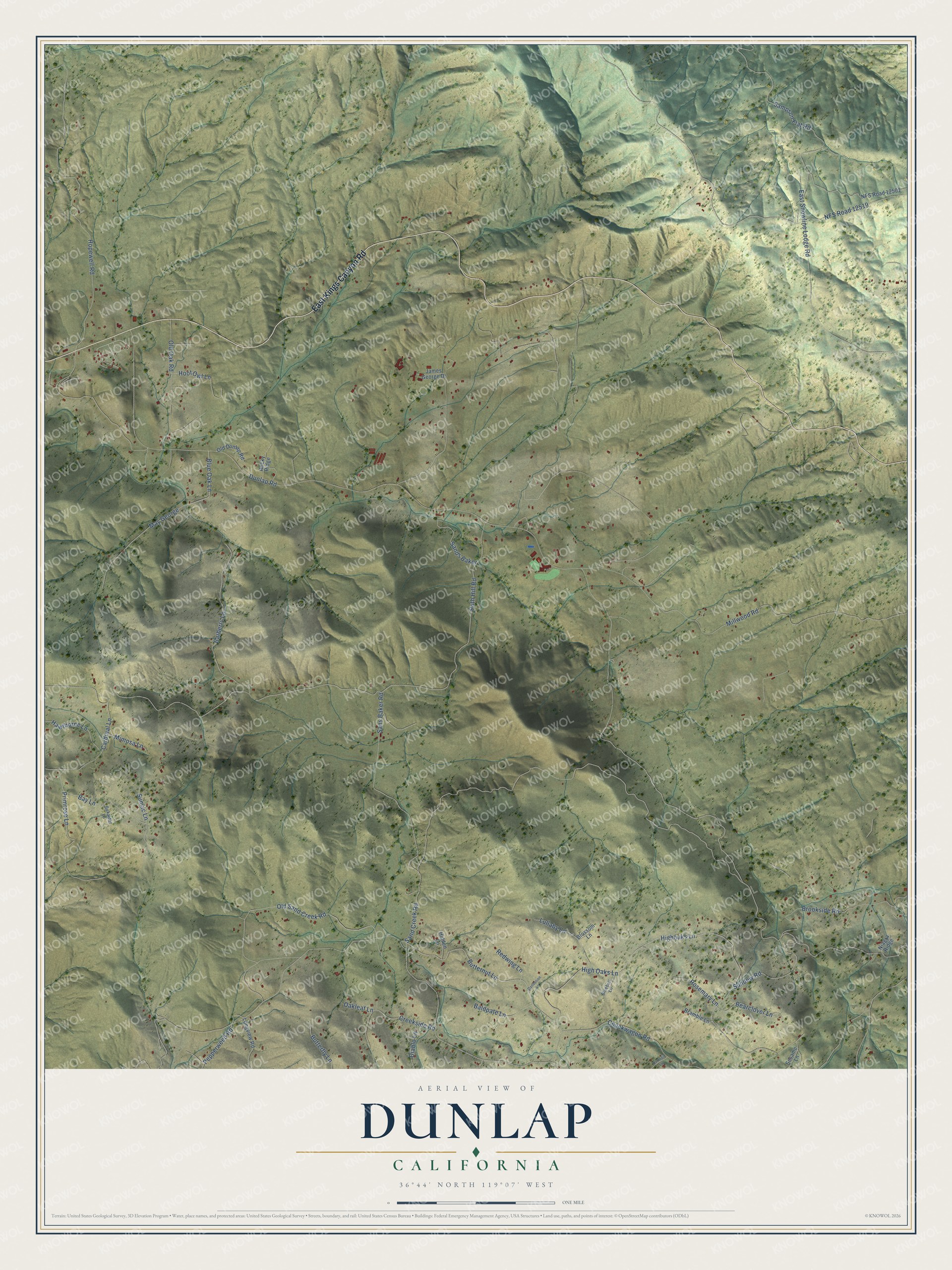 Full map of Dunlap, California, with red buildings, printed street names and the land around them