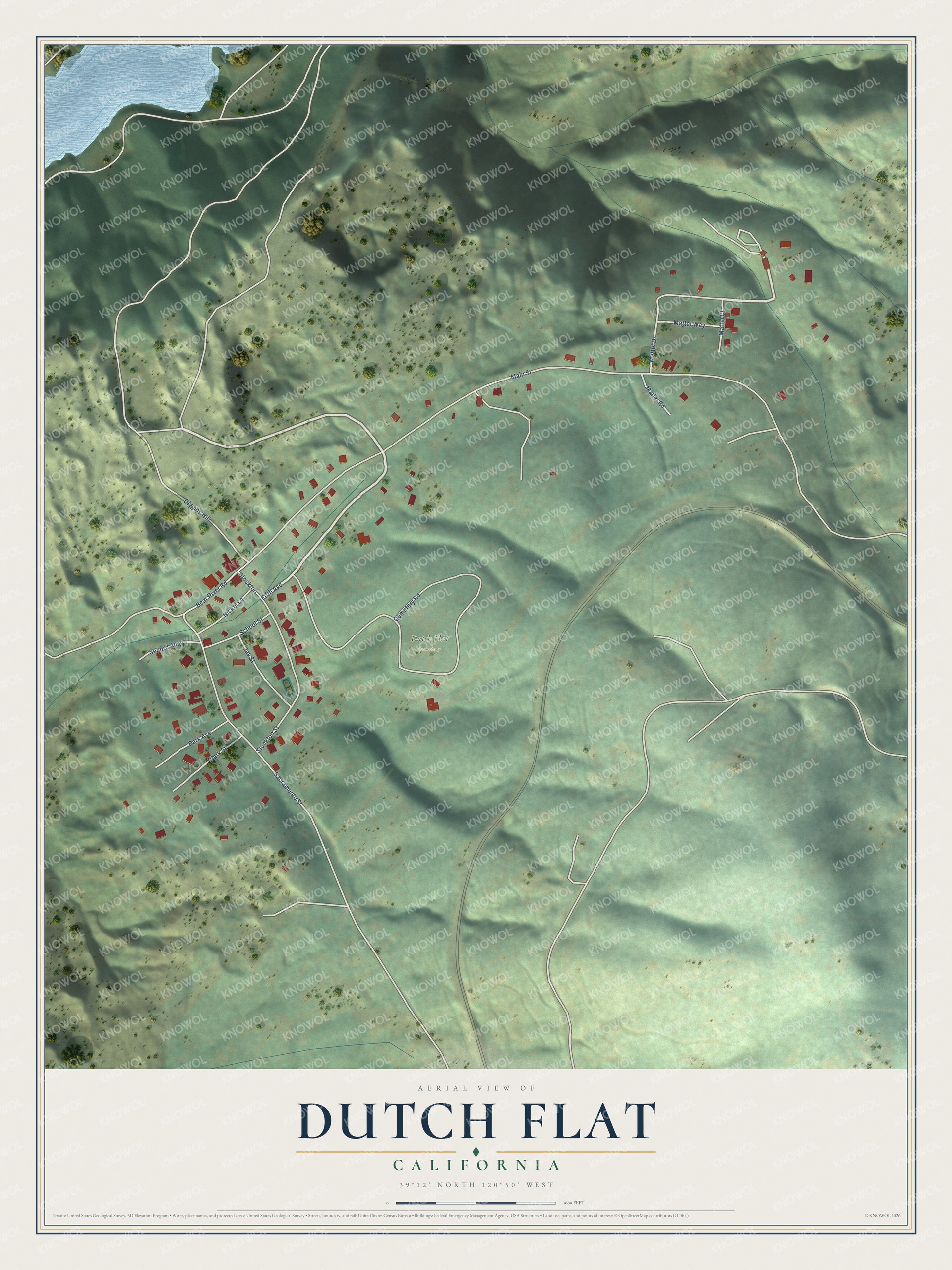 Full map of Dutch Flat, California, with red buildings, printed street names and the land around them