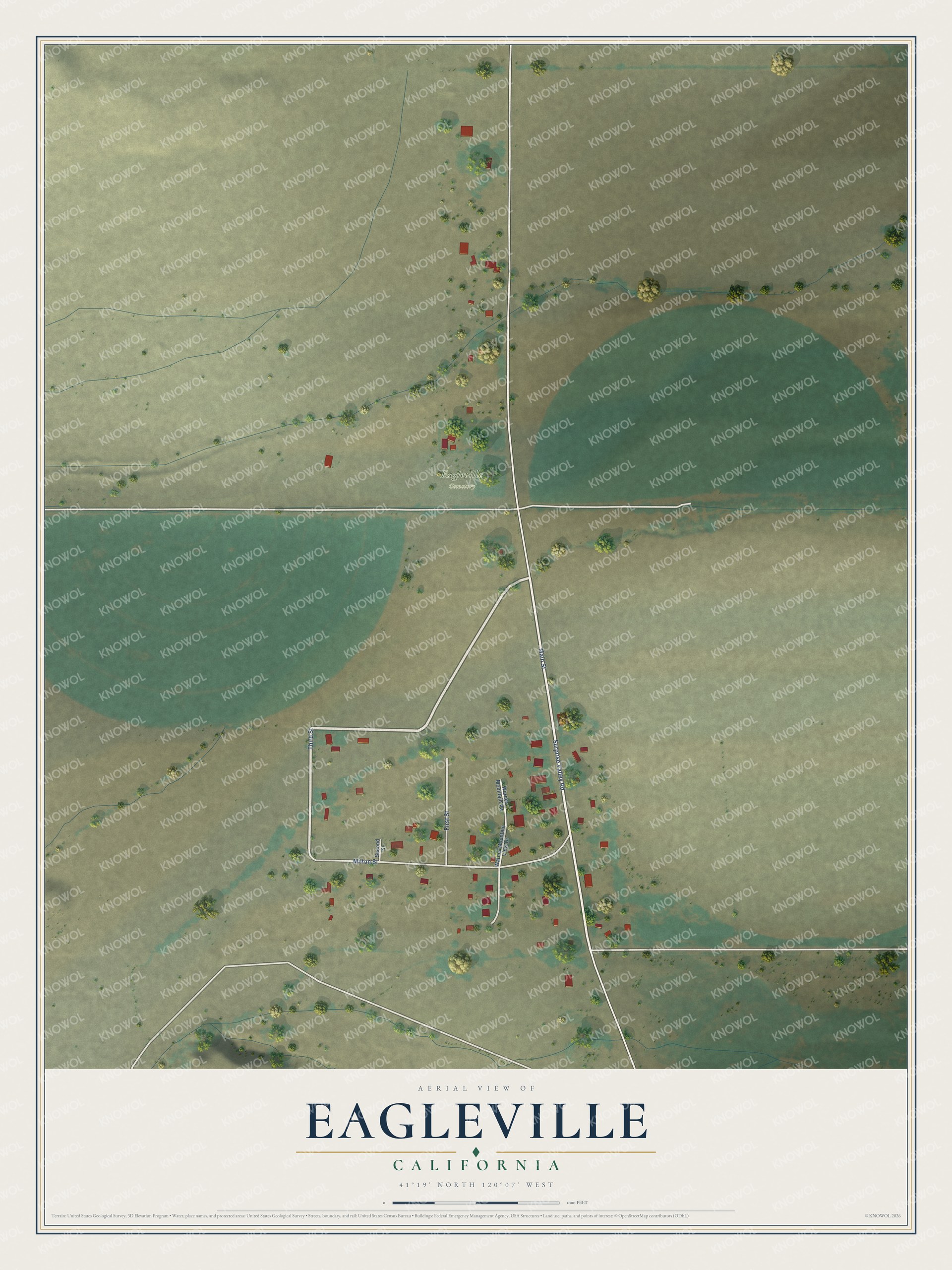 Full map of Eagleville, California, with red buildings, printed street names and the land around them