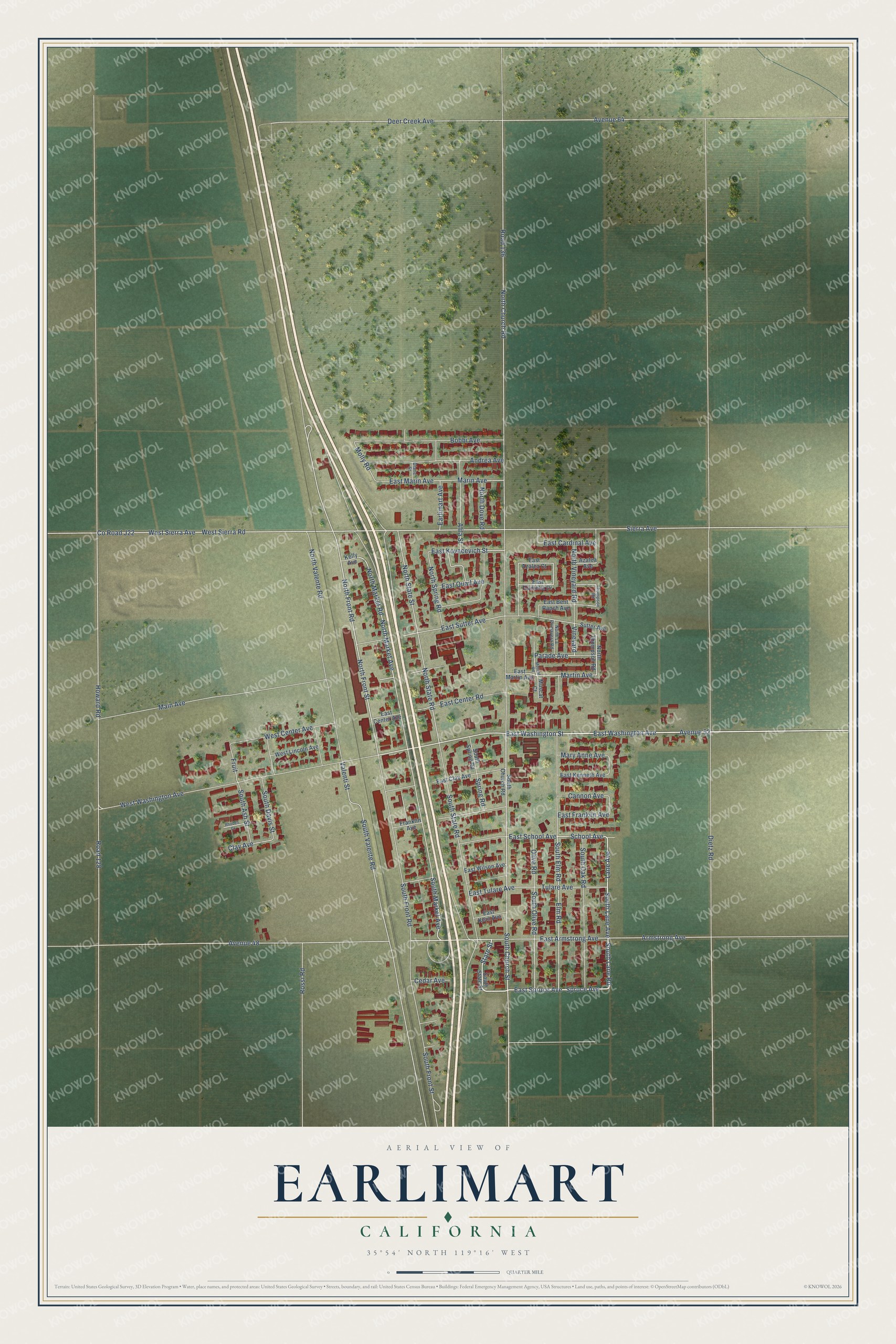 Full map of Earlimart, California, with red buildings, printed street names and the land around them