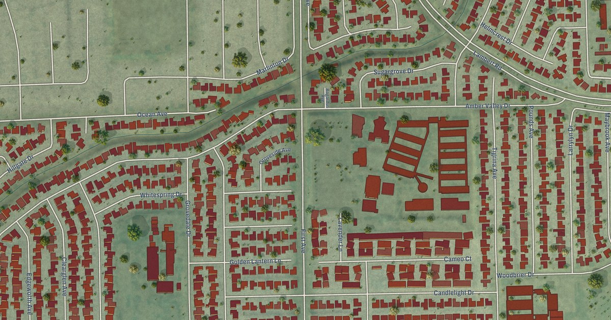 Close-up of streets and buildings in East La Mirada, California