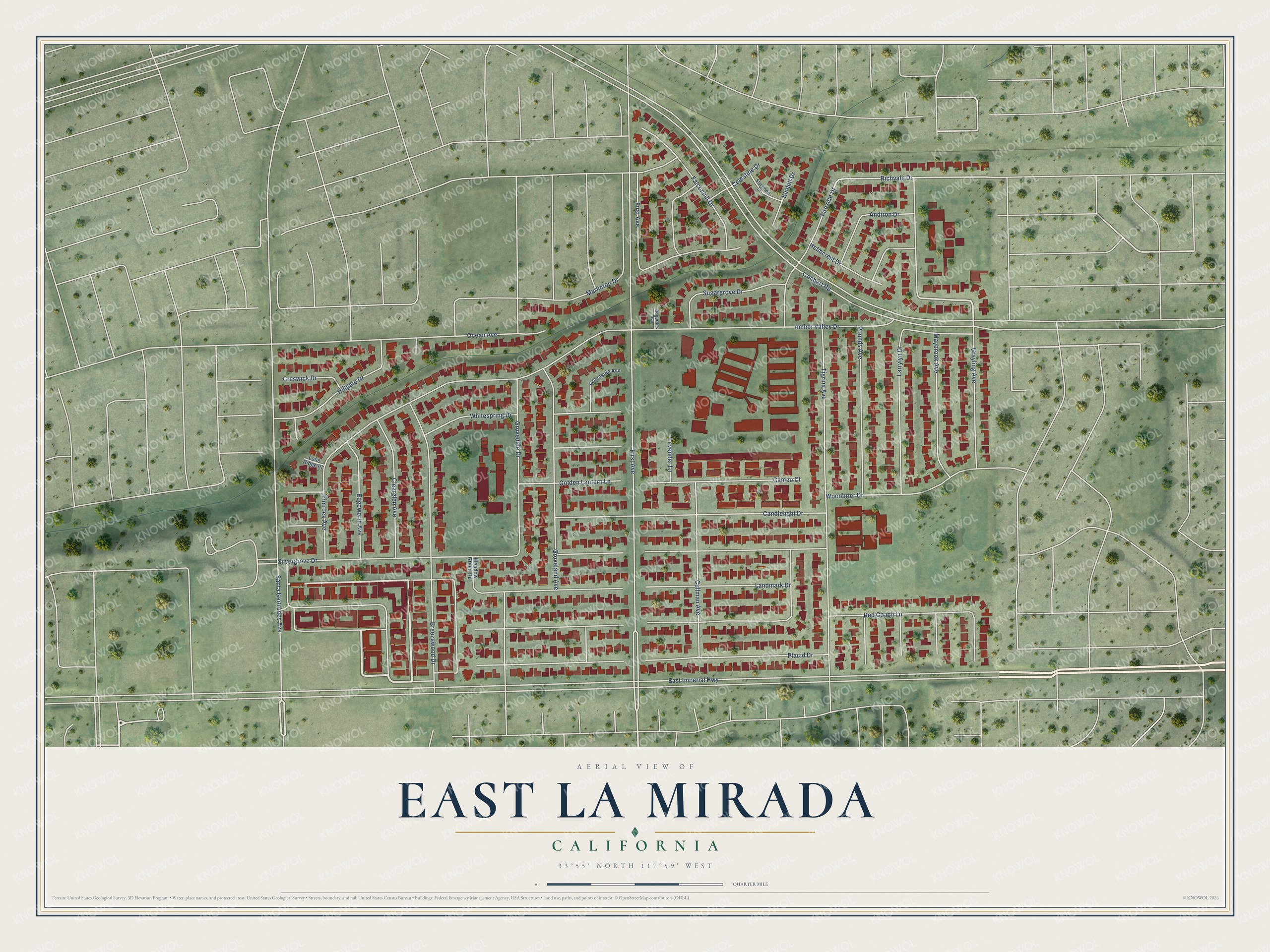 Full map of East La Mirada, California, with red buildings, printed street names and the land around them