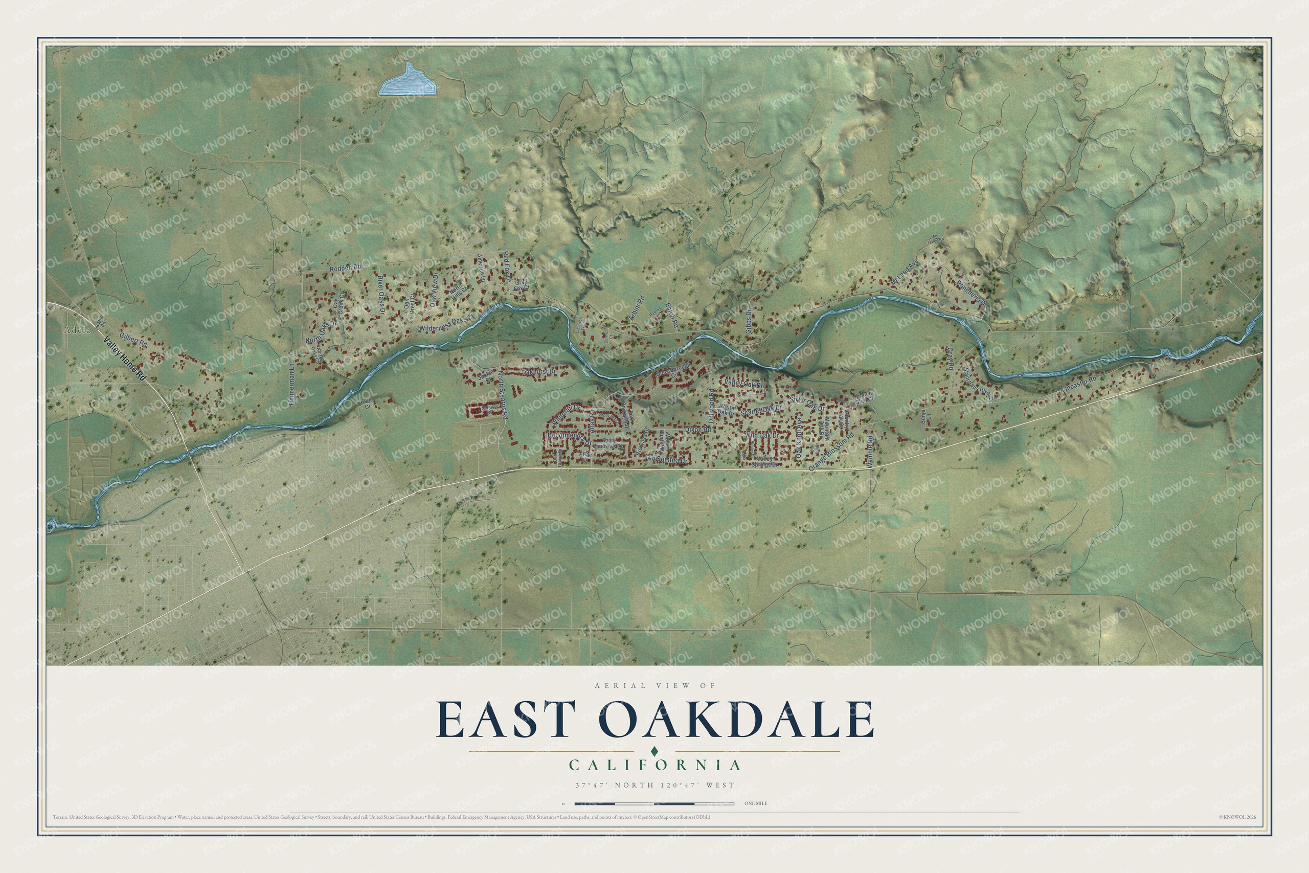 Full map of East Oakdale, California, with red buildings, printed street names and the land around them