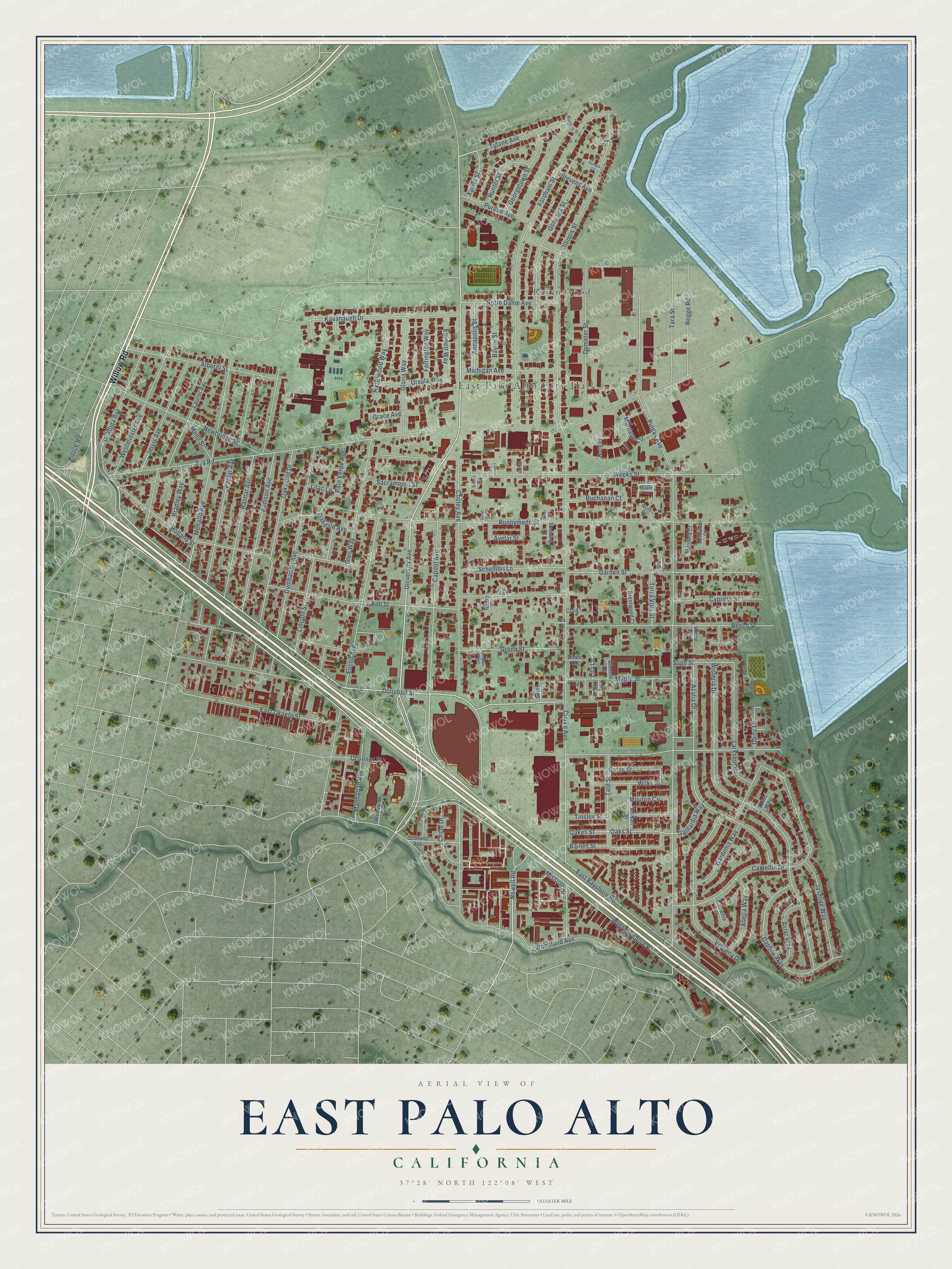 Full map of East Palo Alto, California, with red buildings, printed street names and the land around them