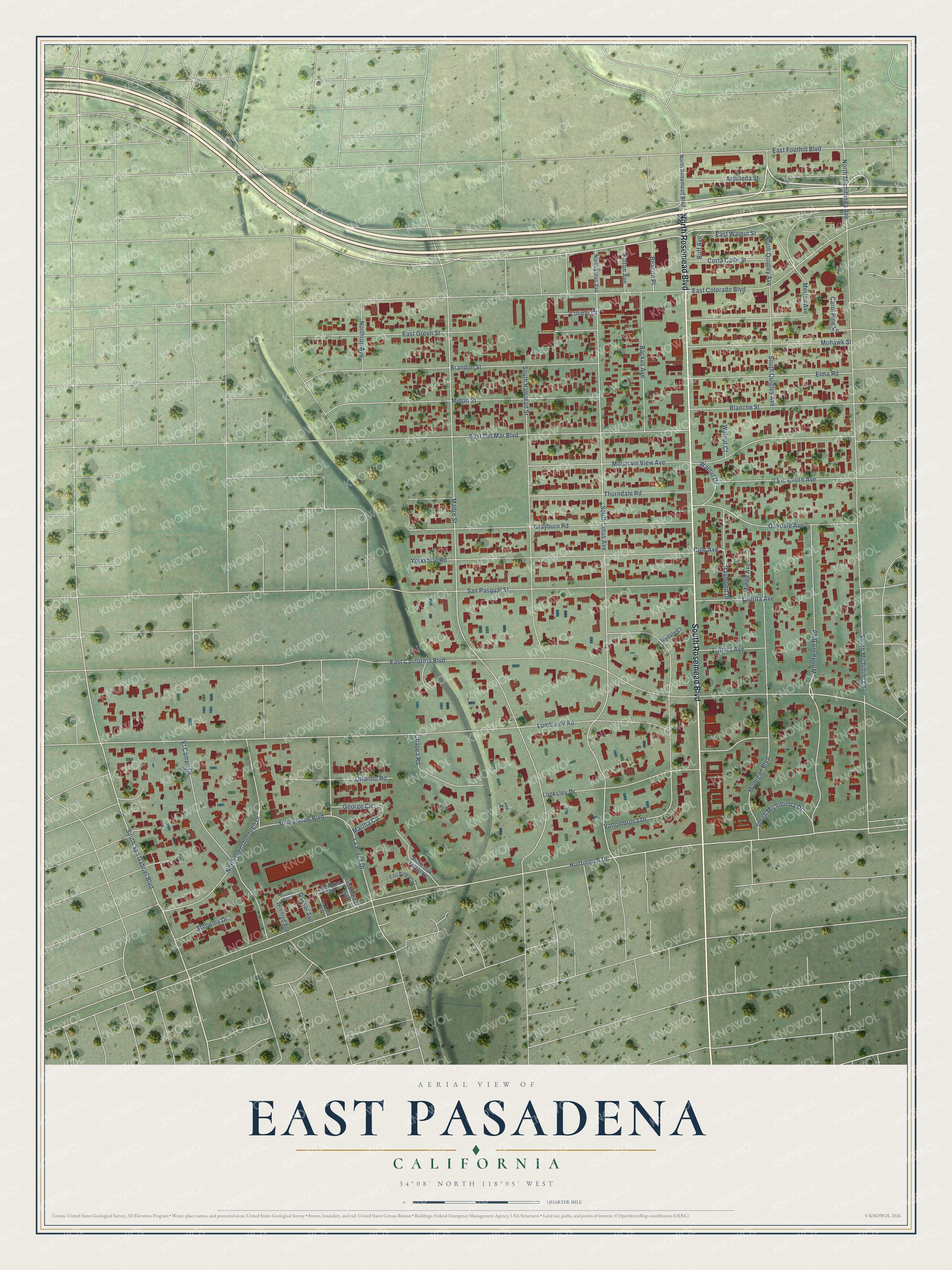 Full map of East Pasadena, California, with red buildings, printed street names and the land around them