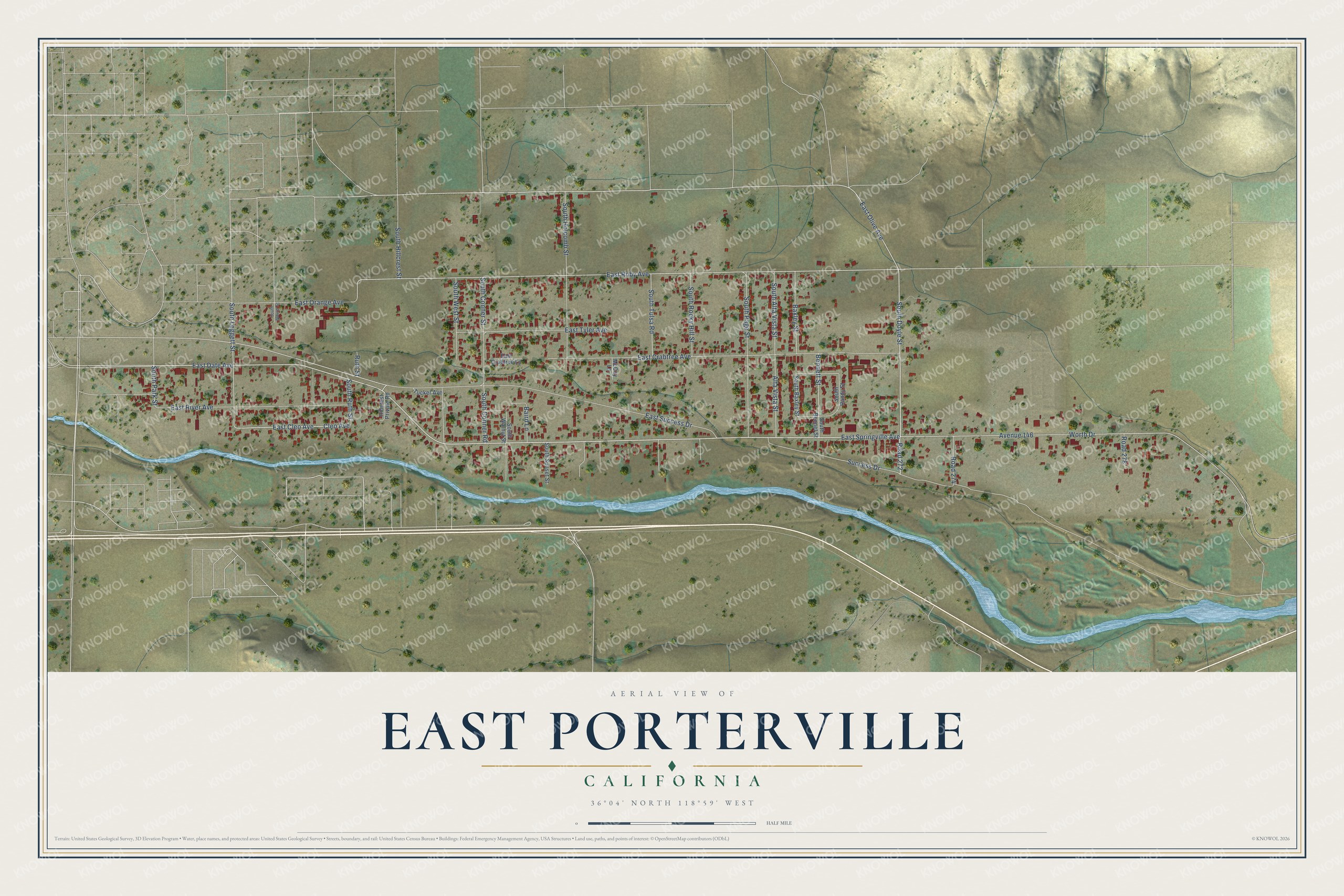 Full map of East Porterville, California, with red buildings, printed street names and the land around them