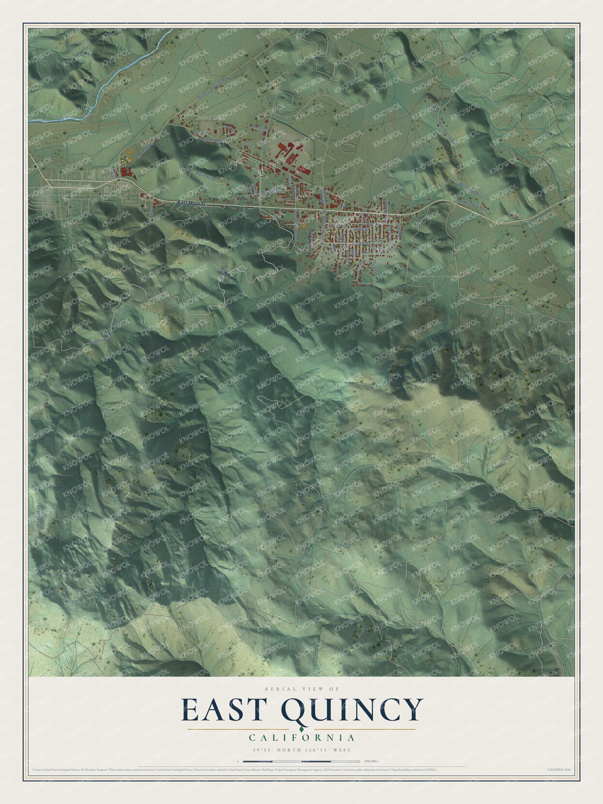 Full map of East Quincy, California, with red buildings, printed street names and the land around them