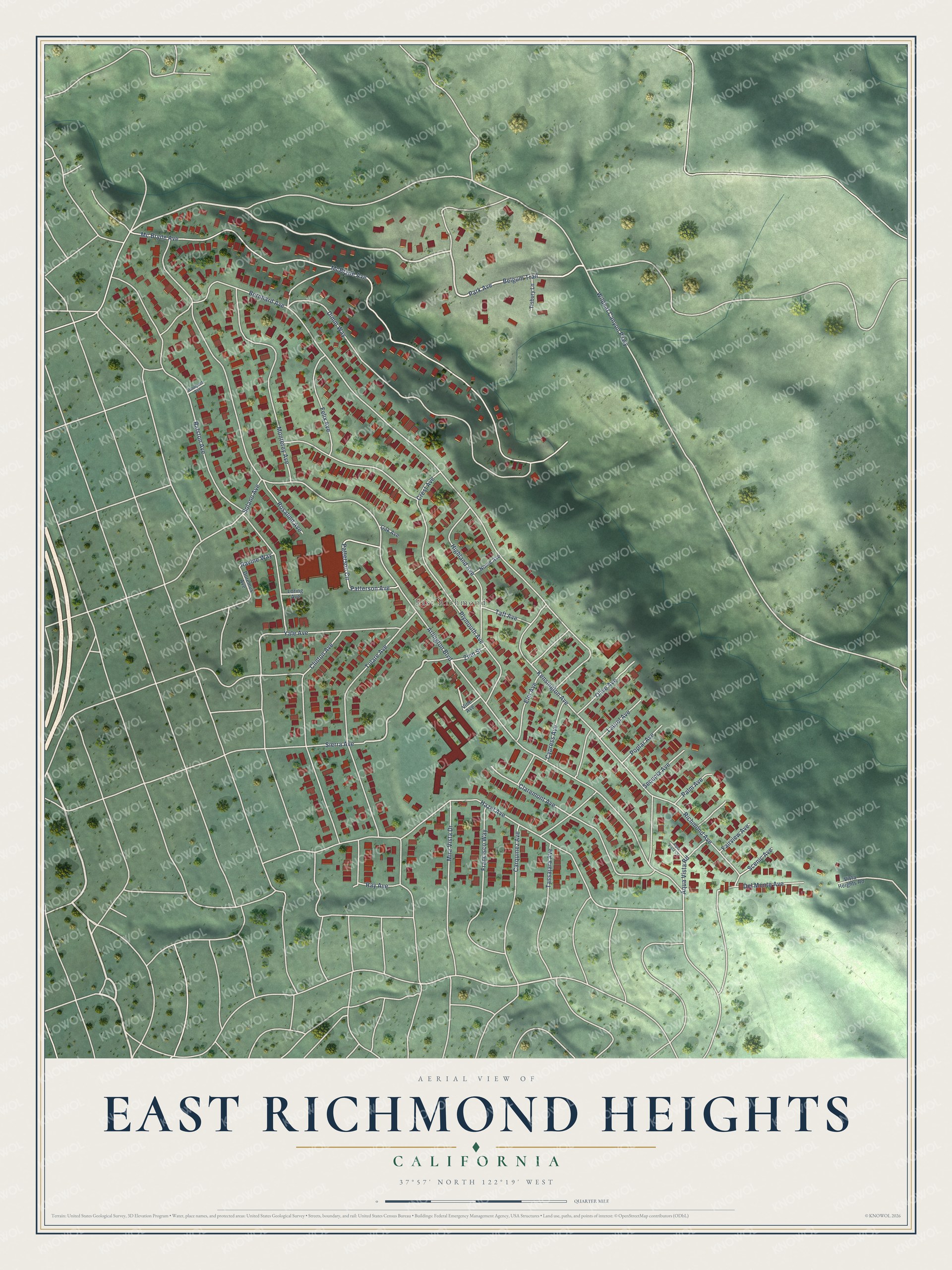 Full map of East Richmond Heights, California, with red buildings, printed street names and the land around them