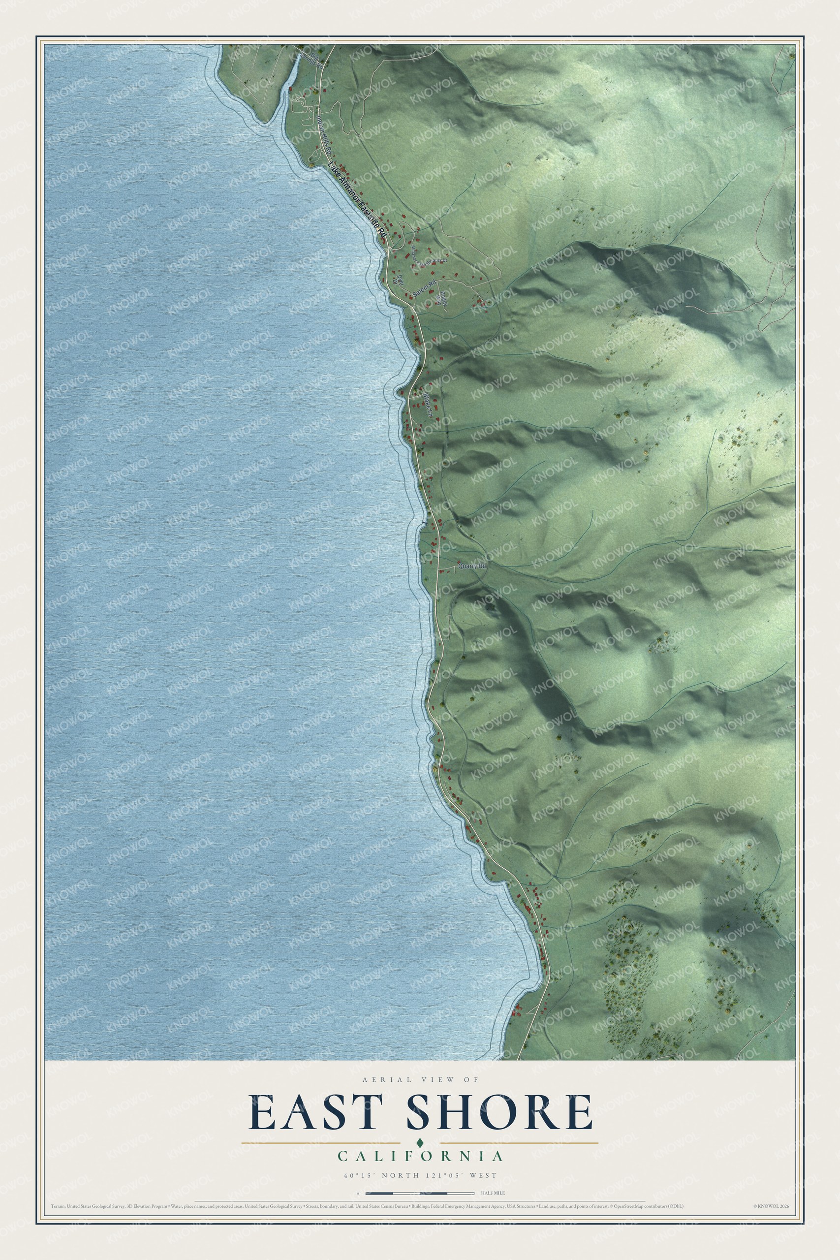 Full map of East Shore, California, with red buildings, printed street names and the land around them