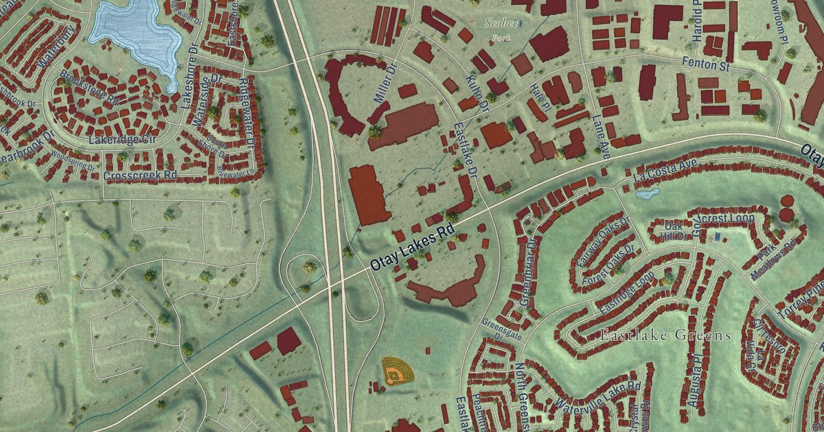 Close-up of streets and buildings in Eastlake, California