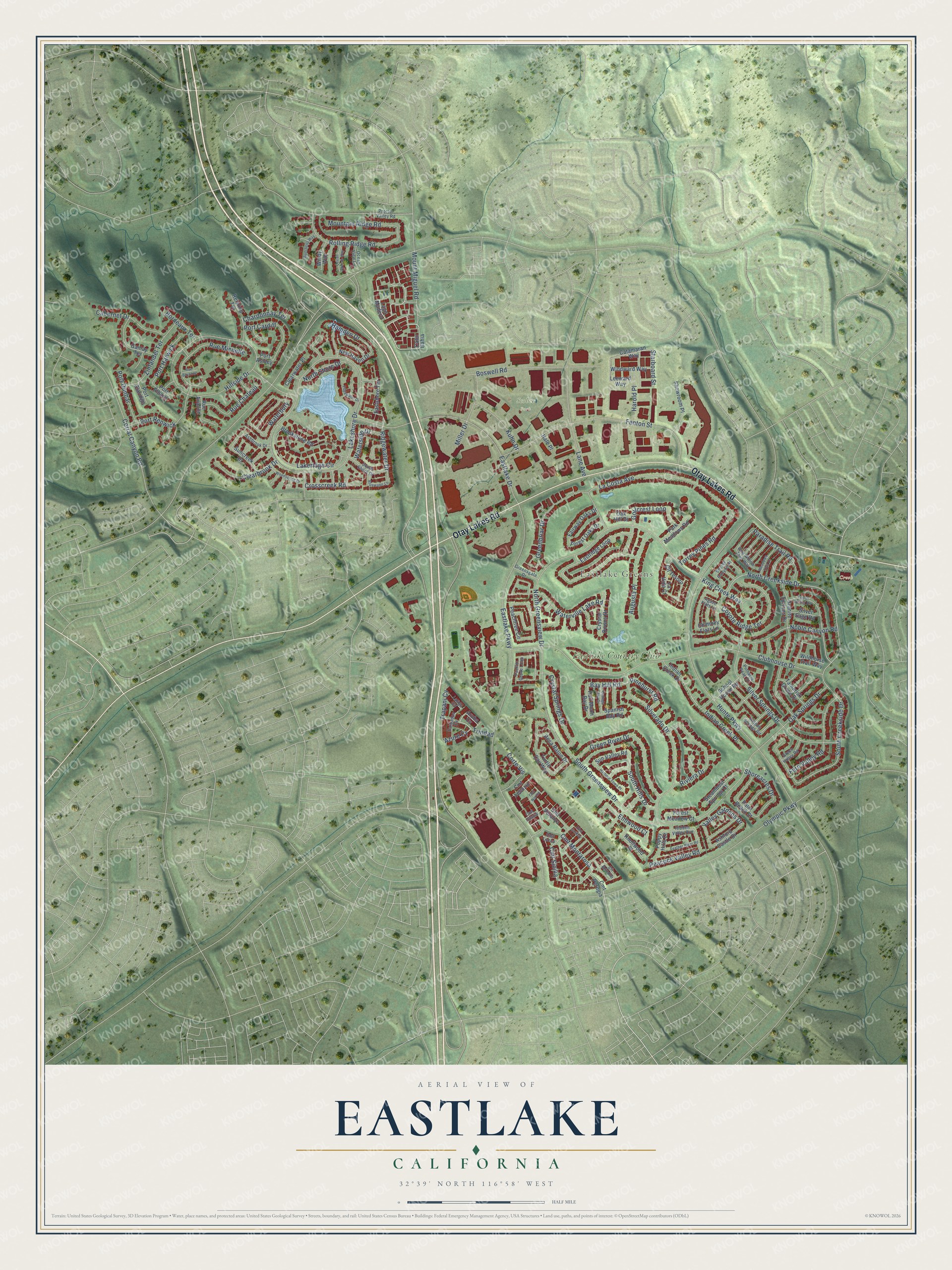 Full map of Eastlake, California, with red buildings, printed street names and the land around them