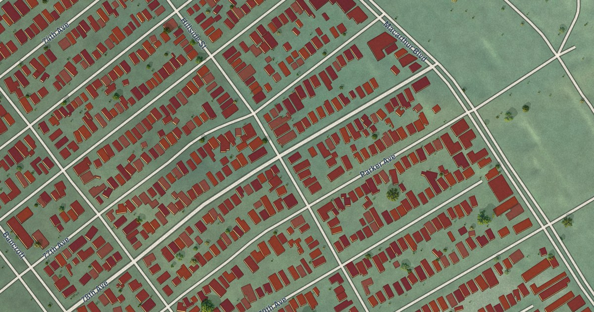 Close-up of streets and buildings in Eastmont, California