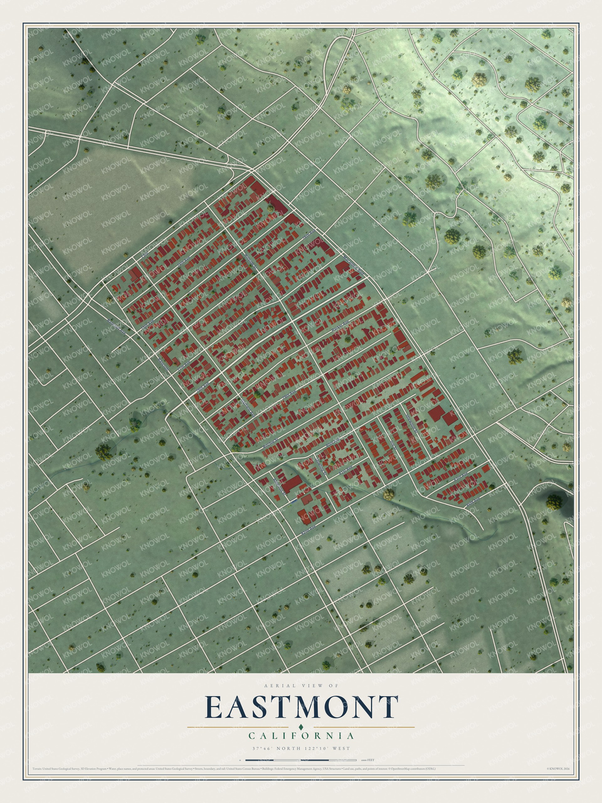 Full map of Eastmont, California, with red buildings, printed street names and the land around them