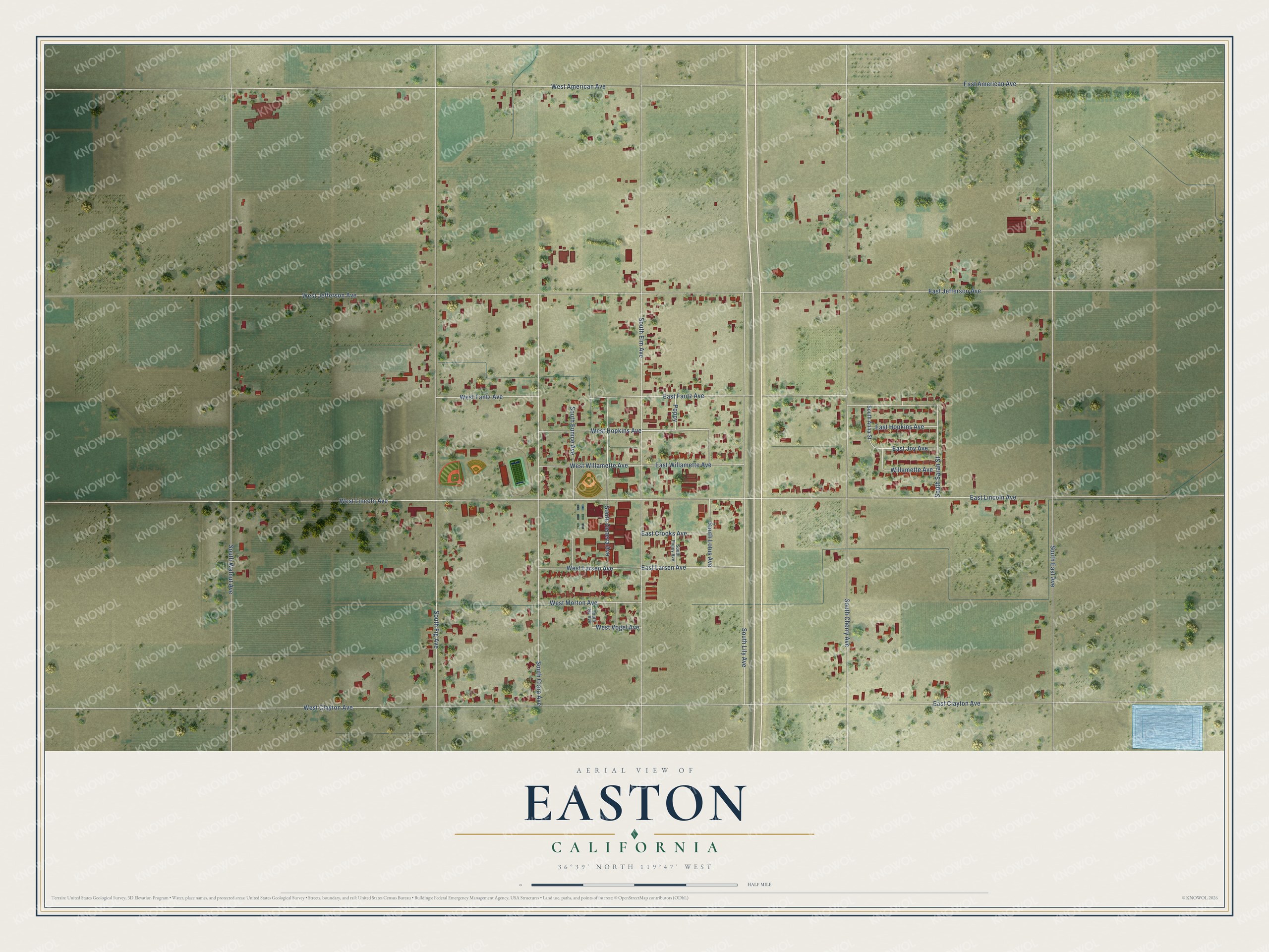 Full map of Easton, California, with red buildings, printed street names and the land around them