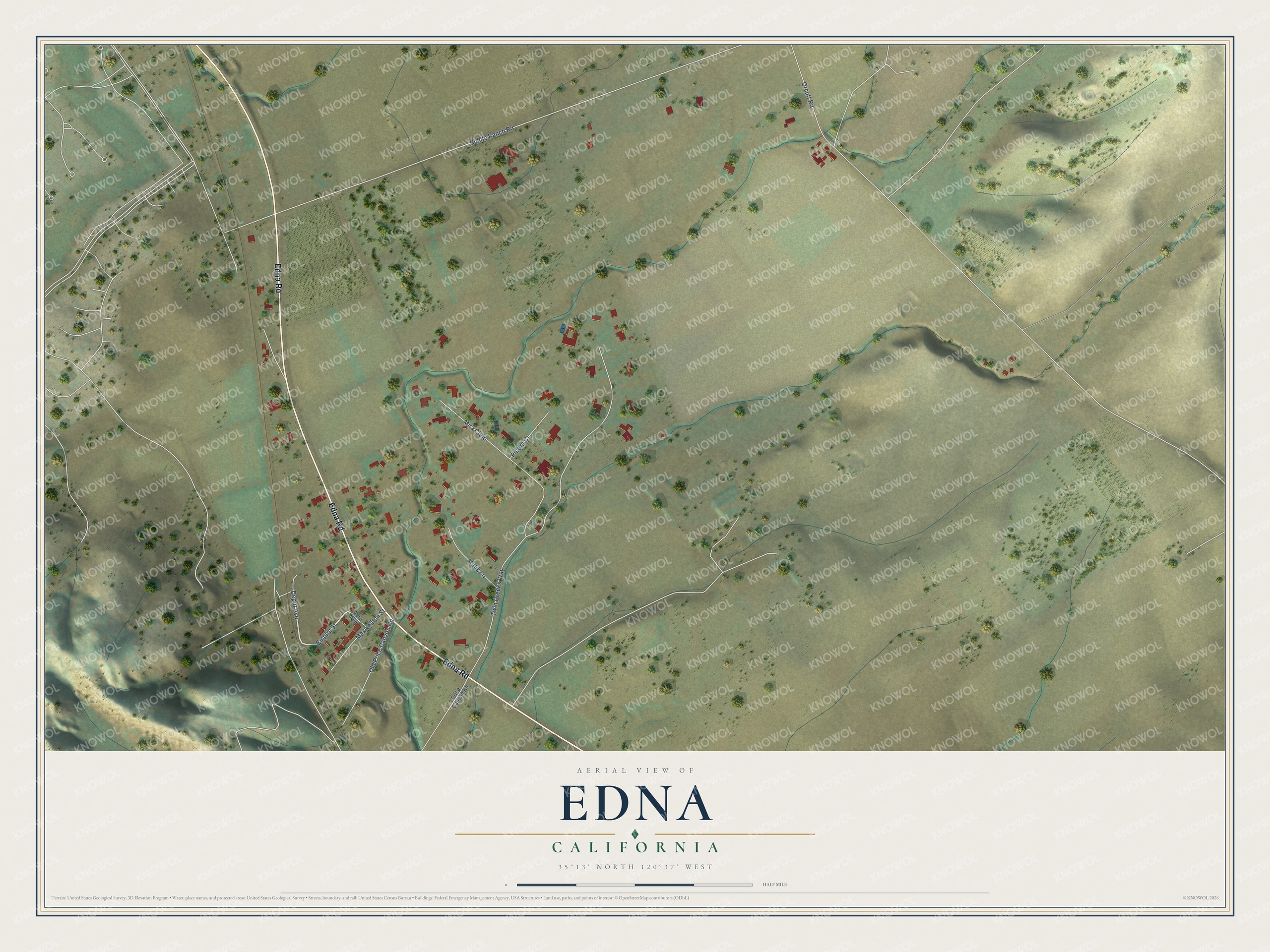 Full map of Edna, California, with red buildings, printed street names and the land around them