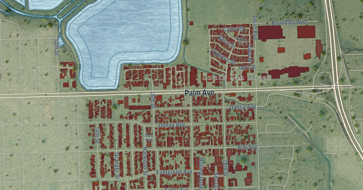 Close-up of streets and buildings in Egger Highlands, California