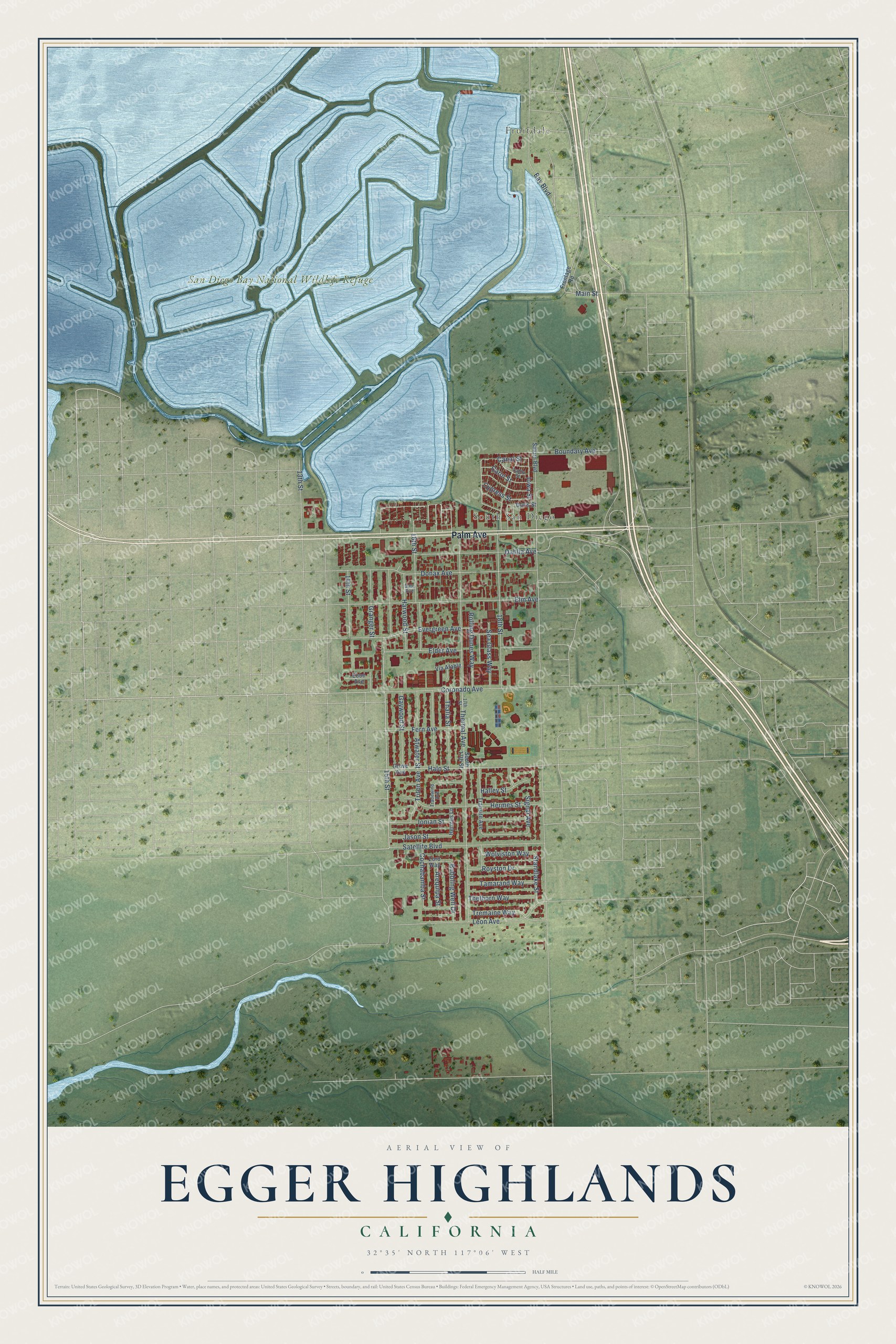 Full map of Egger Highlands, California, with red buildings, printed street names and the land around them