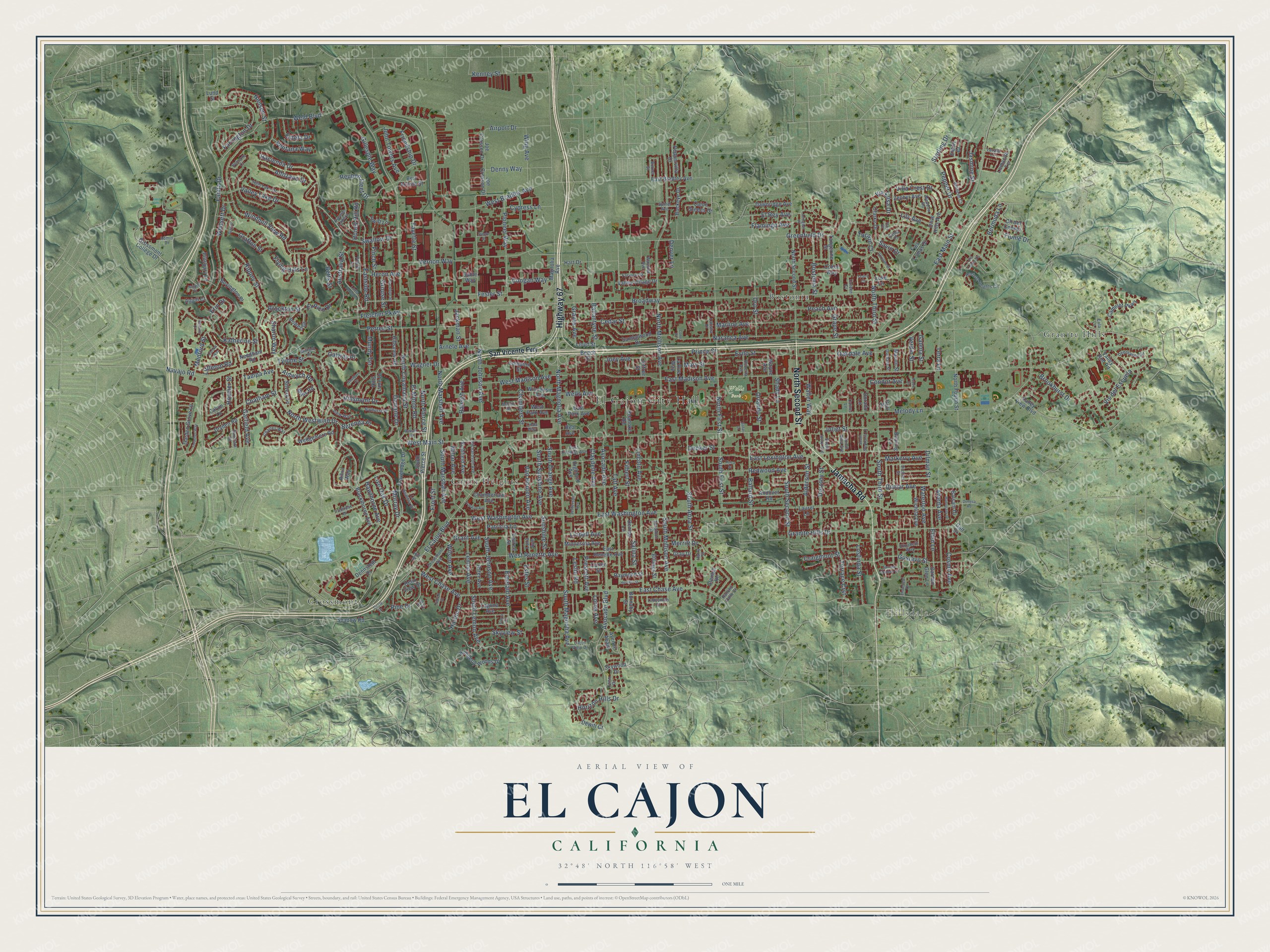 Full map of El Cajon, California, with red buildings, printed street names and the land around them