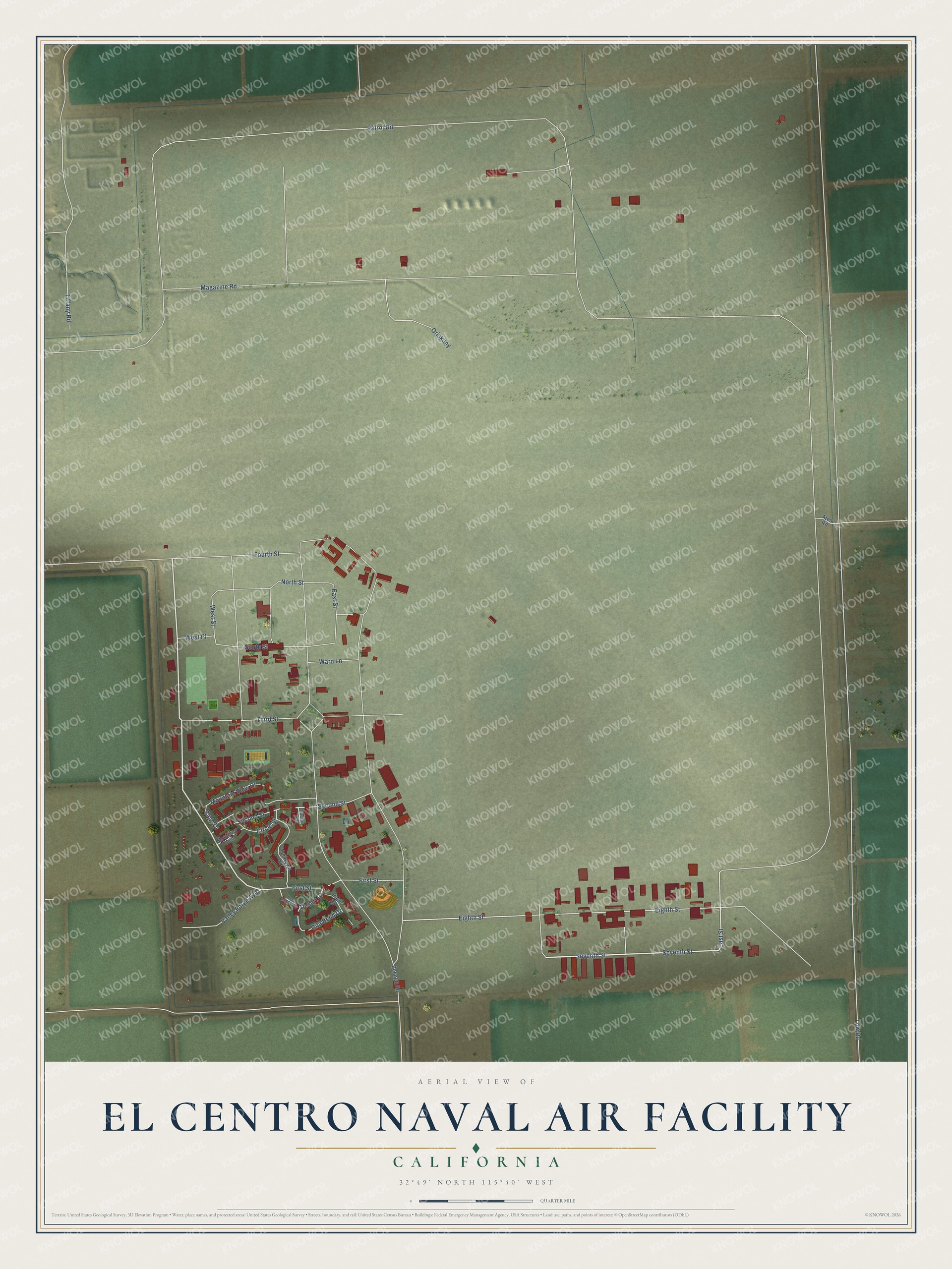 Full map of El Centro Naval Air Facility, California, with red buildings, printed street names and the land around them