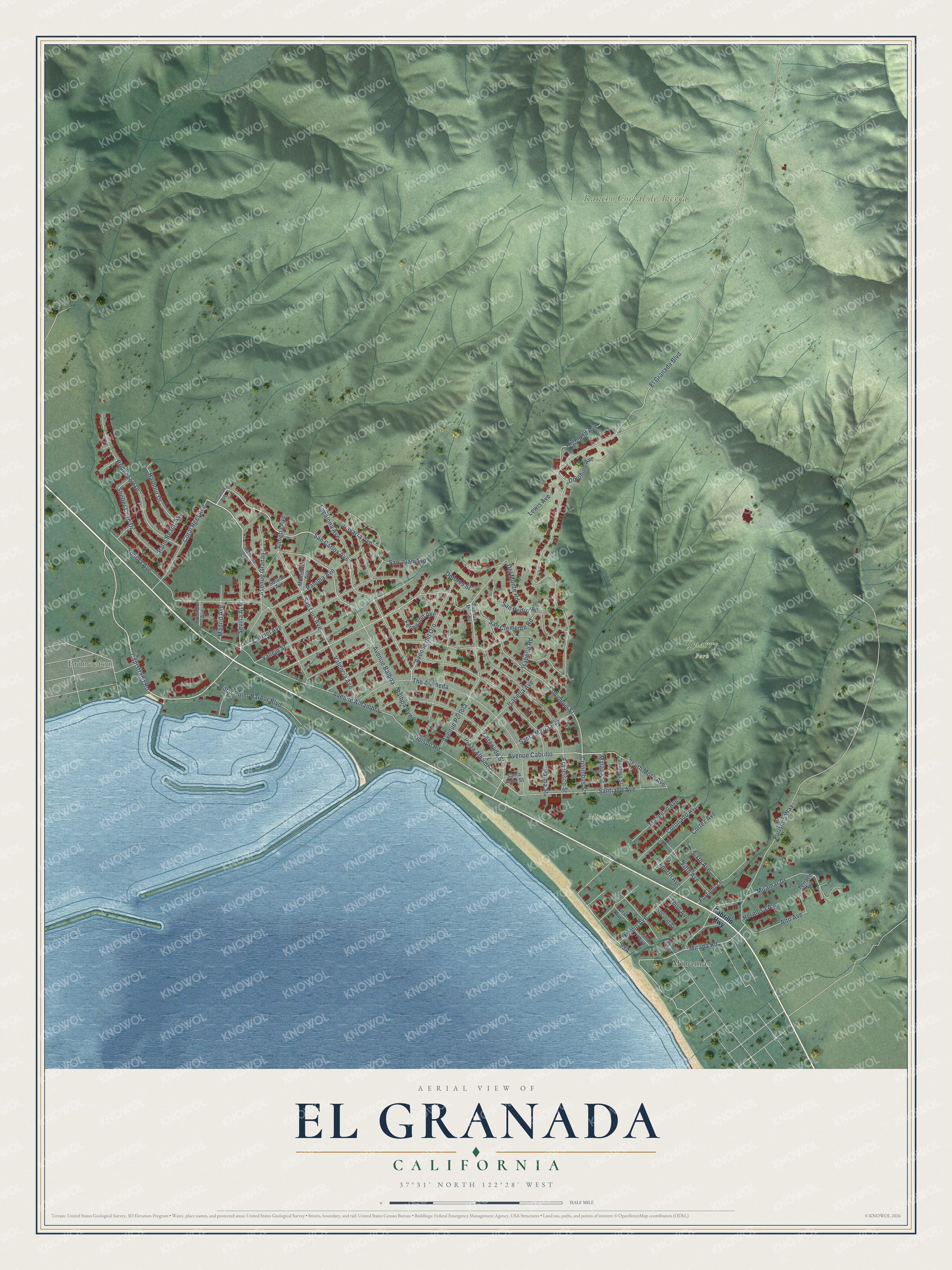 Full map of El Granada, California, with red buildings, printed street names and the land around them