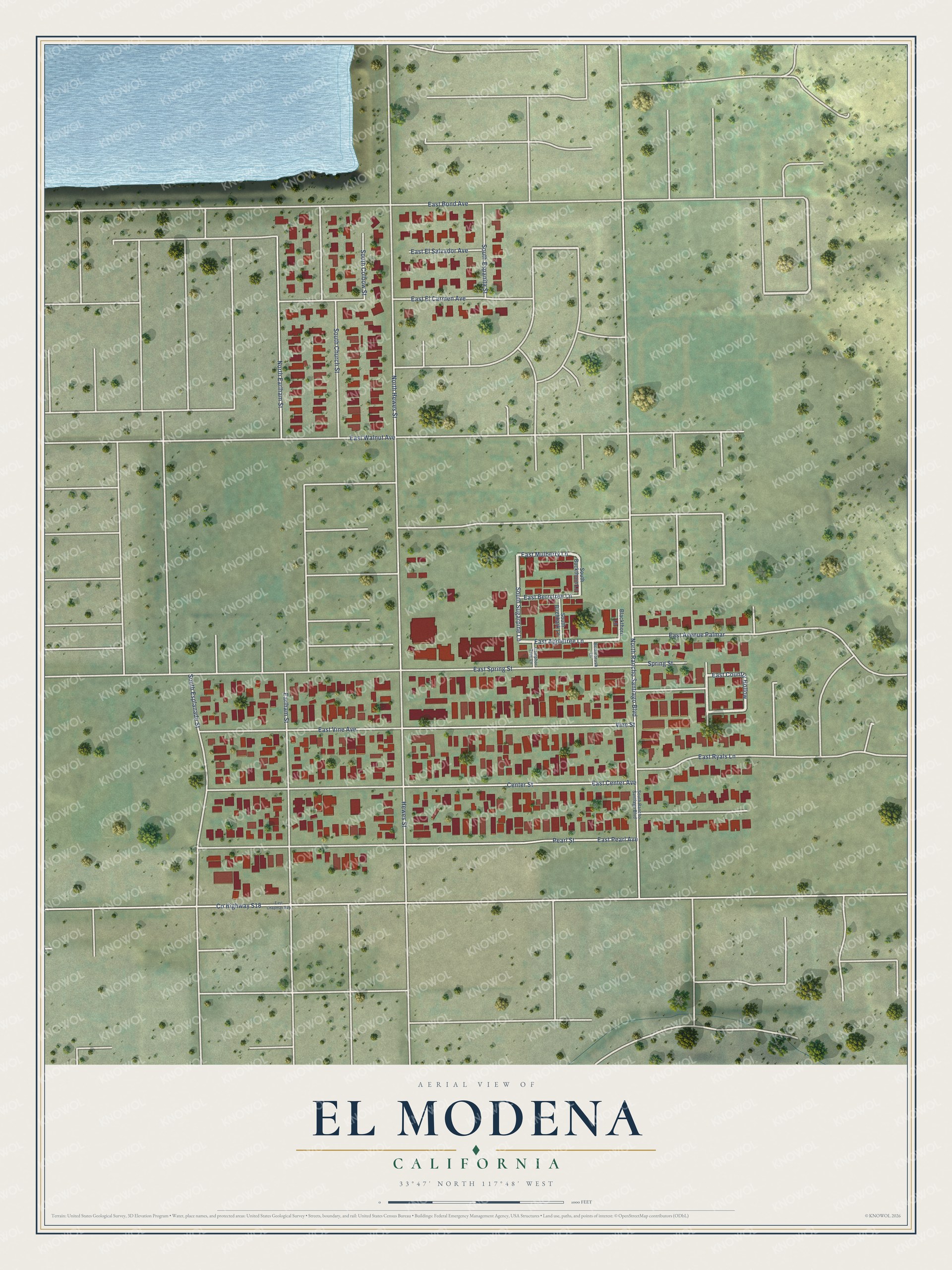Full map of El Modena, California, with red buildings, printed street names and the land around them