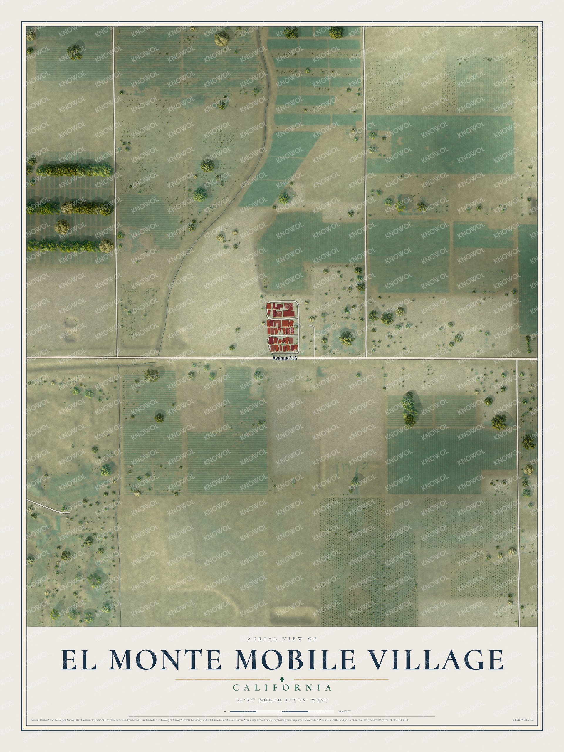 Full map of El Monte Mobile Village, California, with red buildings, printed street names and the land around them