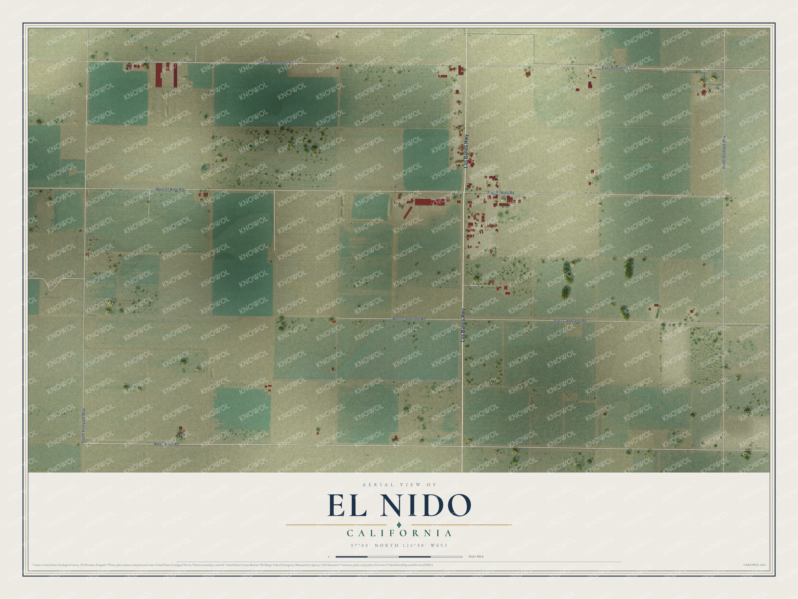 Full map of El Nido, California, with red buildings, printed street names and the land around them