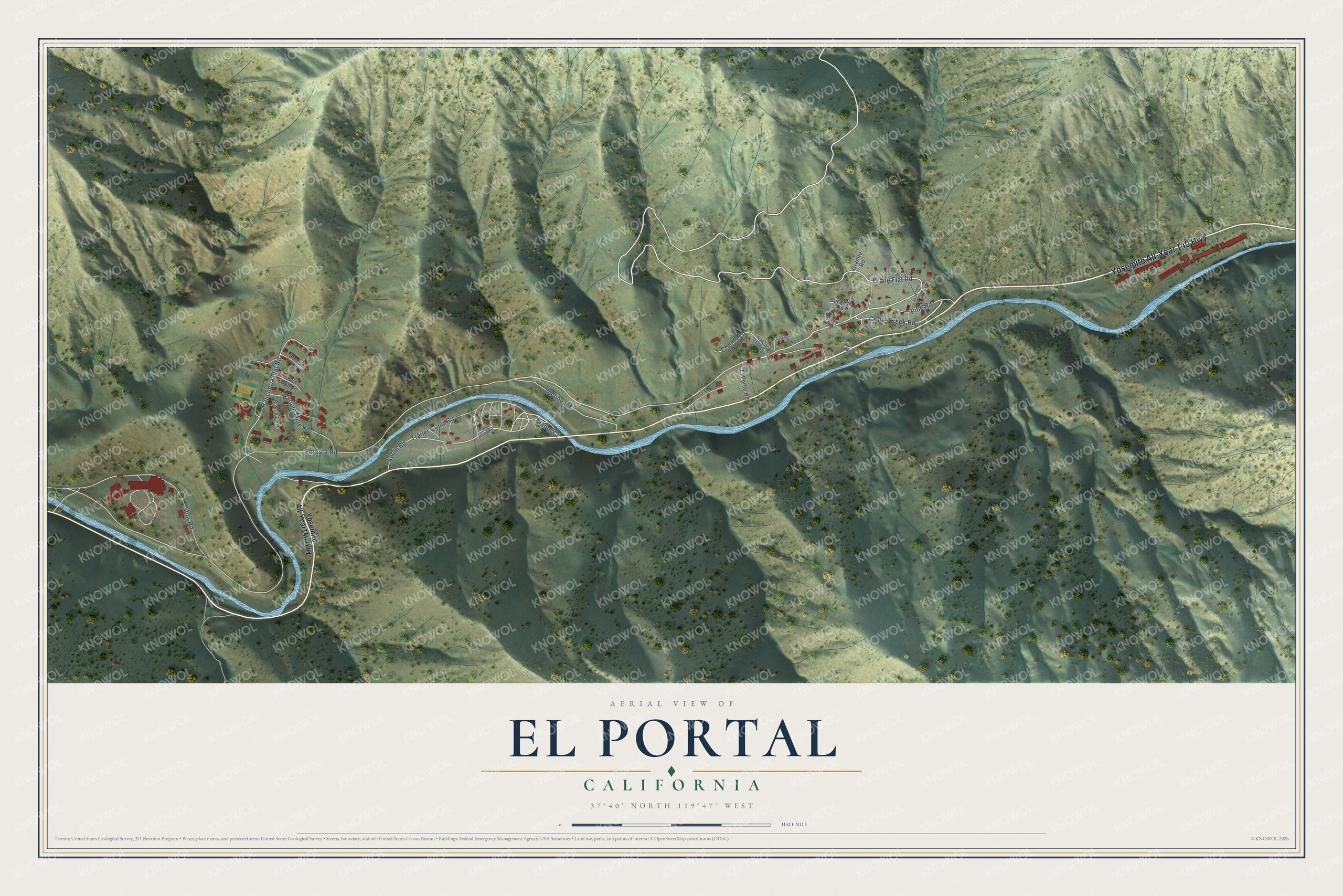 Full map of El Portal, California, with red buildings, printed street names and the land around them