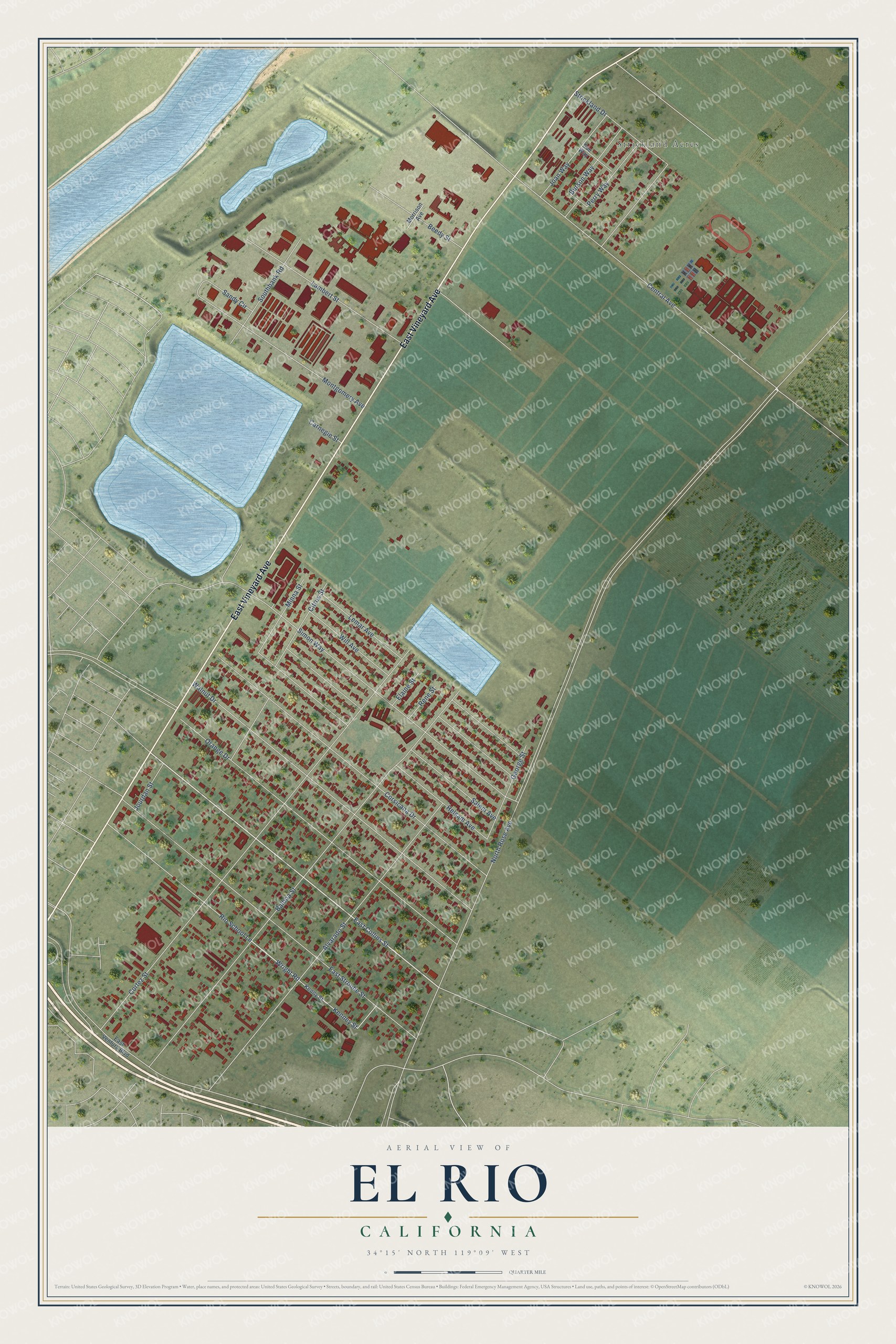 Full map of El Rio, California, with red buildings, printed street names and the land around them