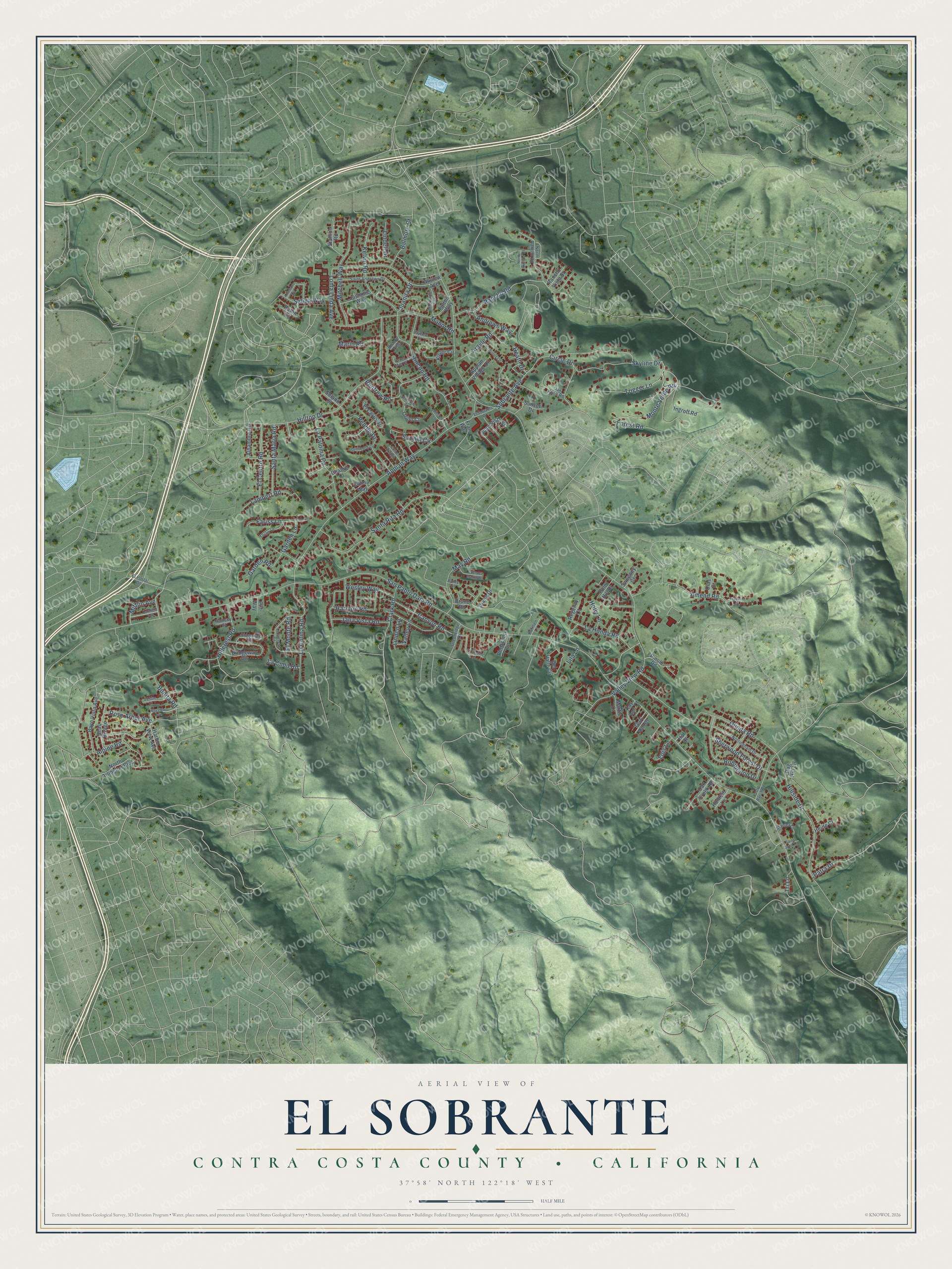 Full map of El Sobrante, Contra Costa County, California, with red buildings, printed street names and the land around them