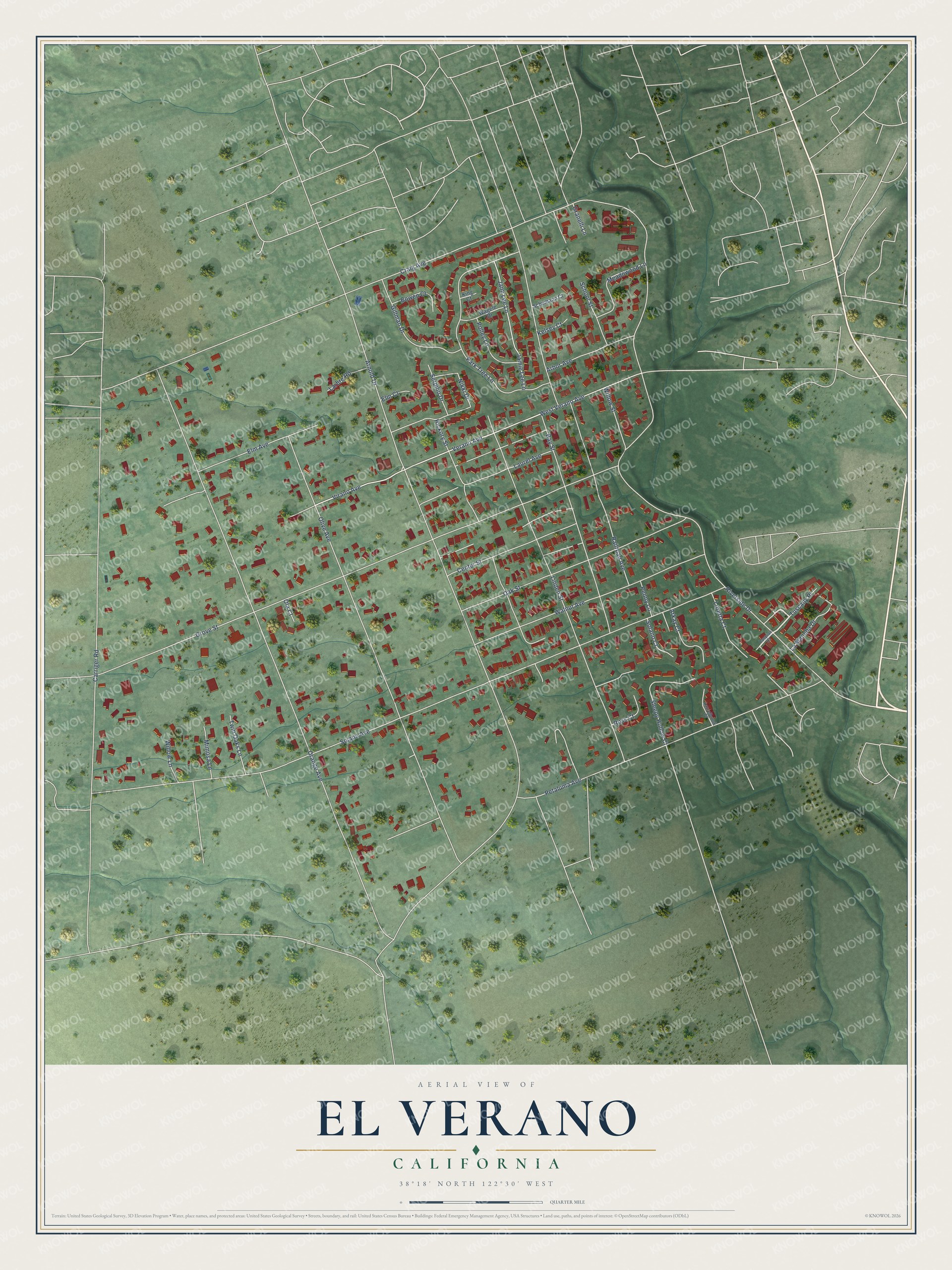 Full map of El Verano, California, with red buildings, printed street names and the land around them
