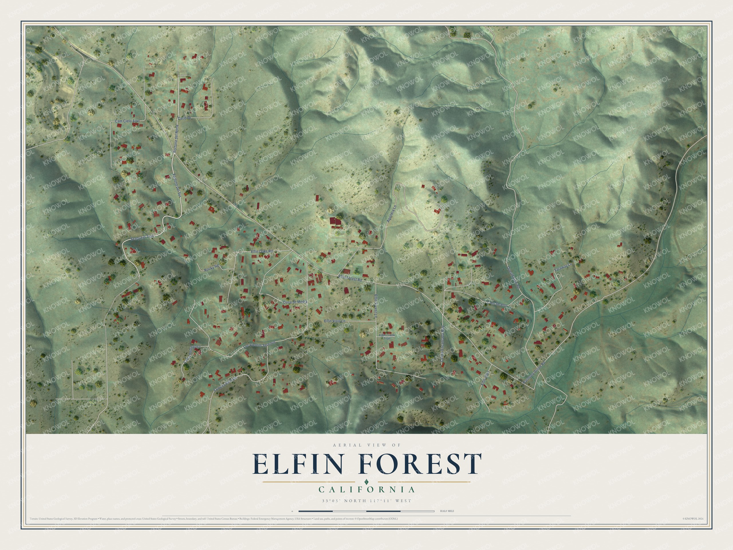 Full map of Elfin Forest, California, with red buildings, printed street names and the land around them