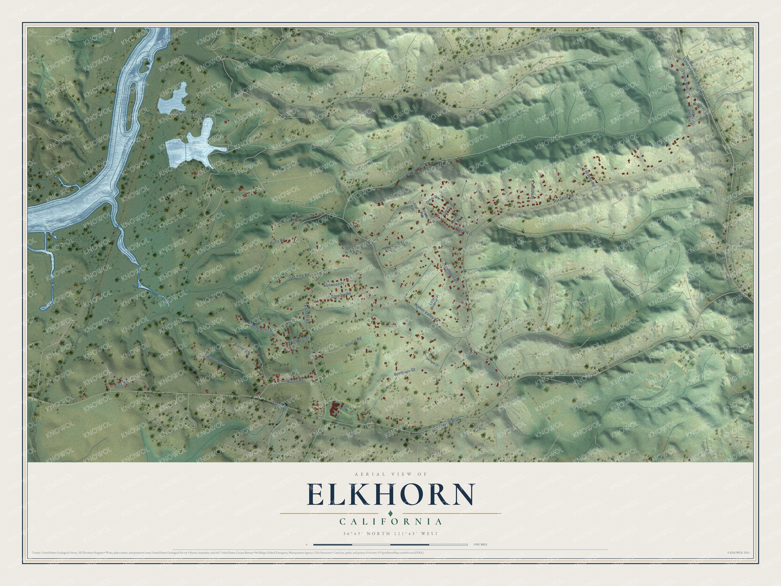 Full map of Elkhorn, California, with red buildings, printed street names and the land around them