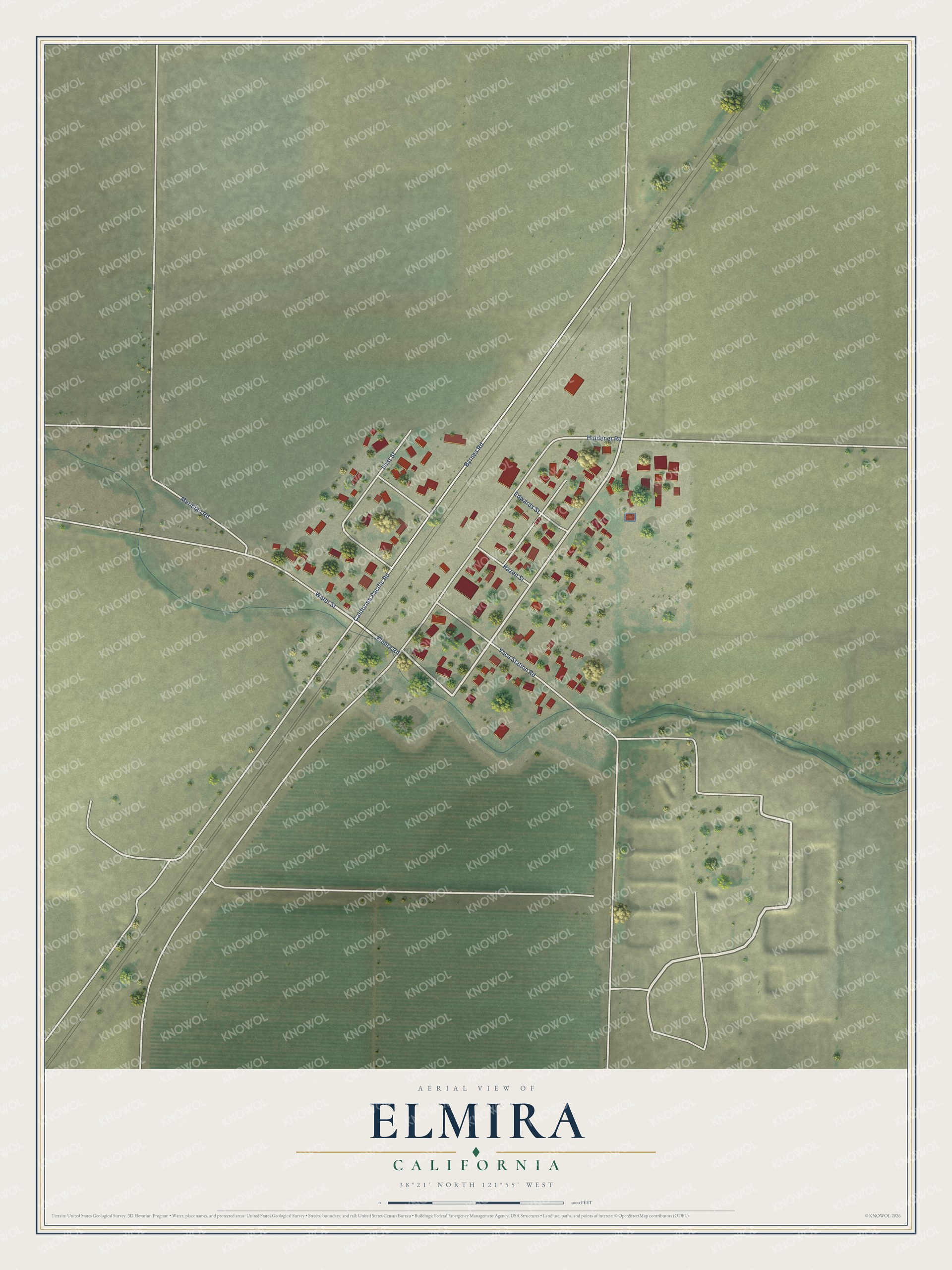 Full map of Elmira, California, with red buildings, printed street names and the land around them