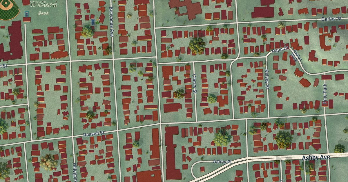 Close-up of streets and buildings in Elmwood, California