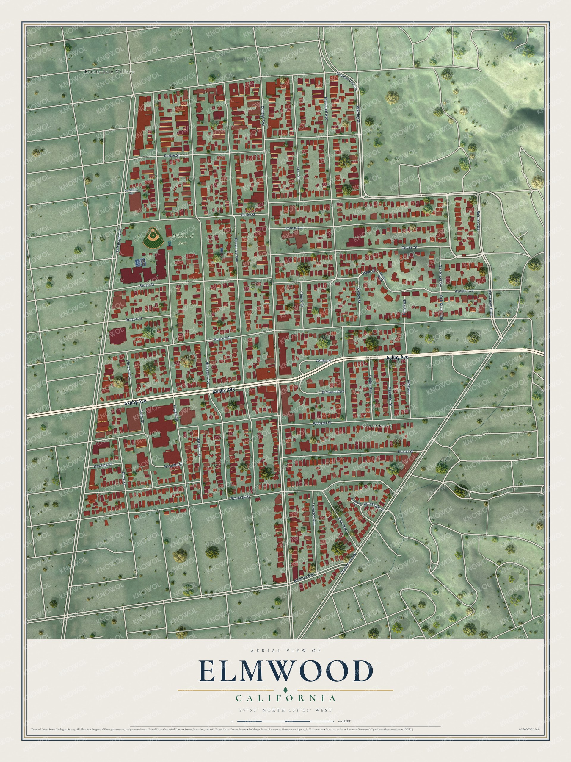 Full map of Elmwood, California, with red buildings, printed street names and the land around them