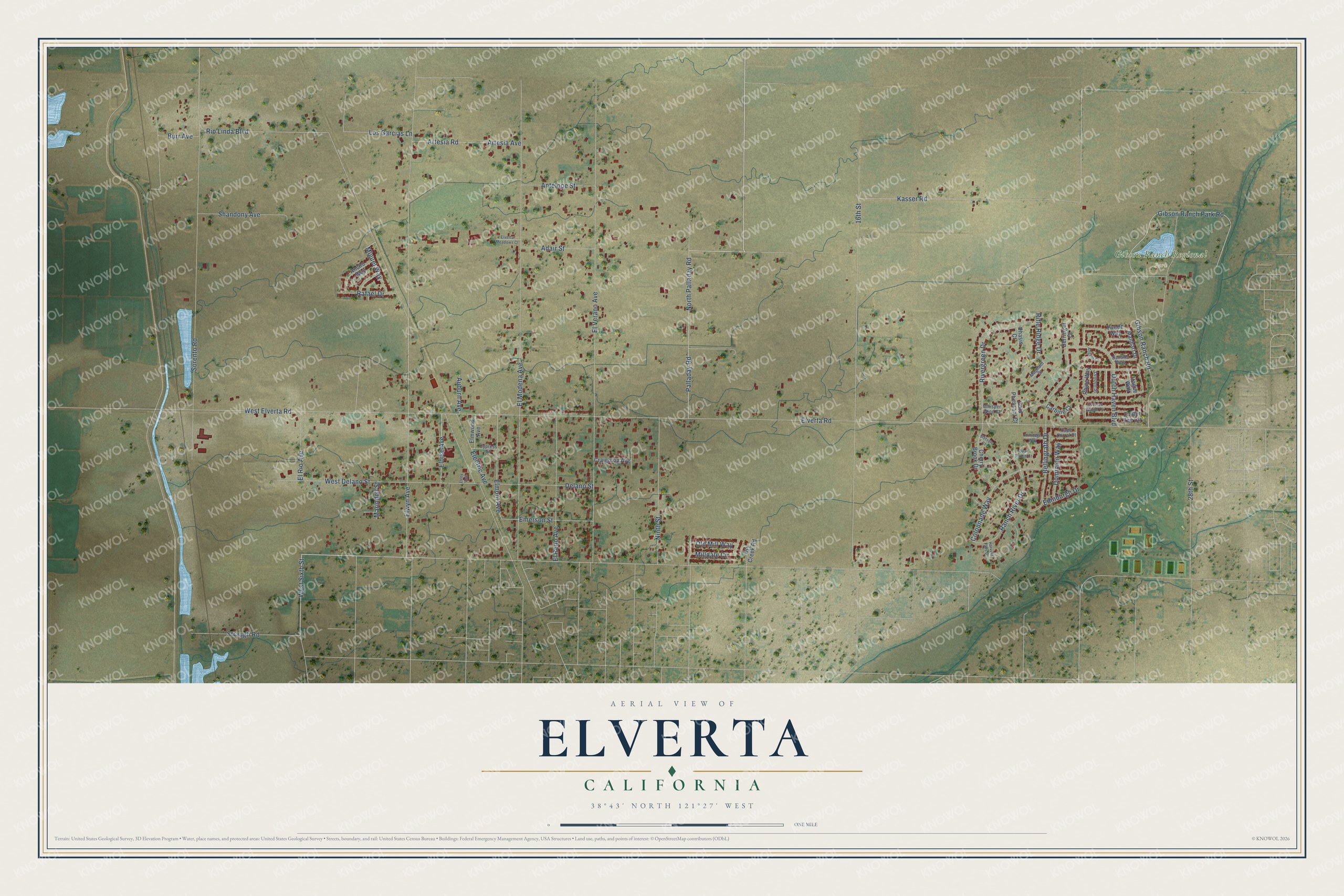Full map of Elverta, California, with red buildings, printed street names and the land around them
