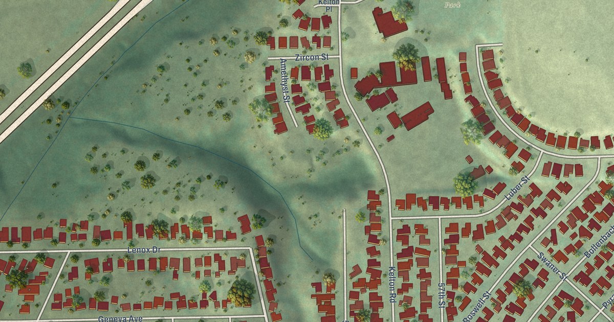 Close-up of streets and buildings in Emerald Hills, California