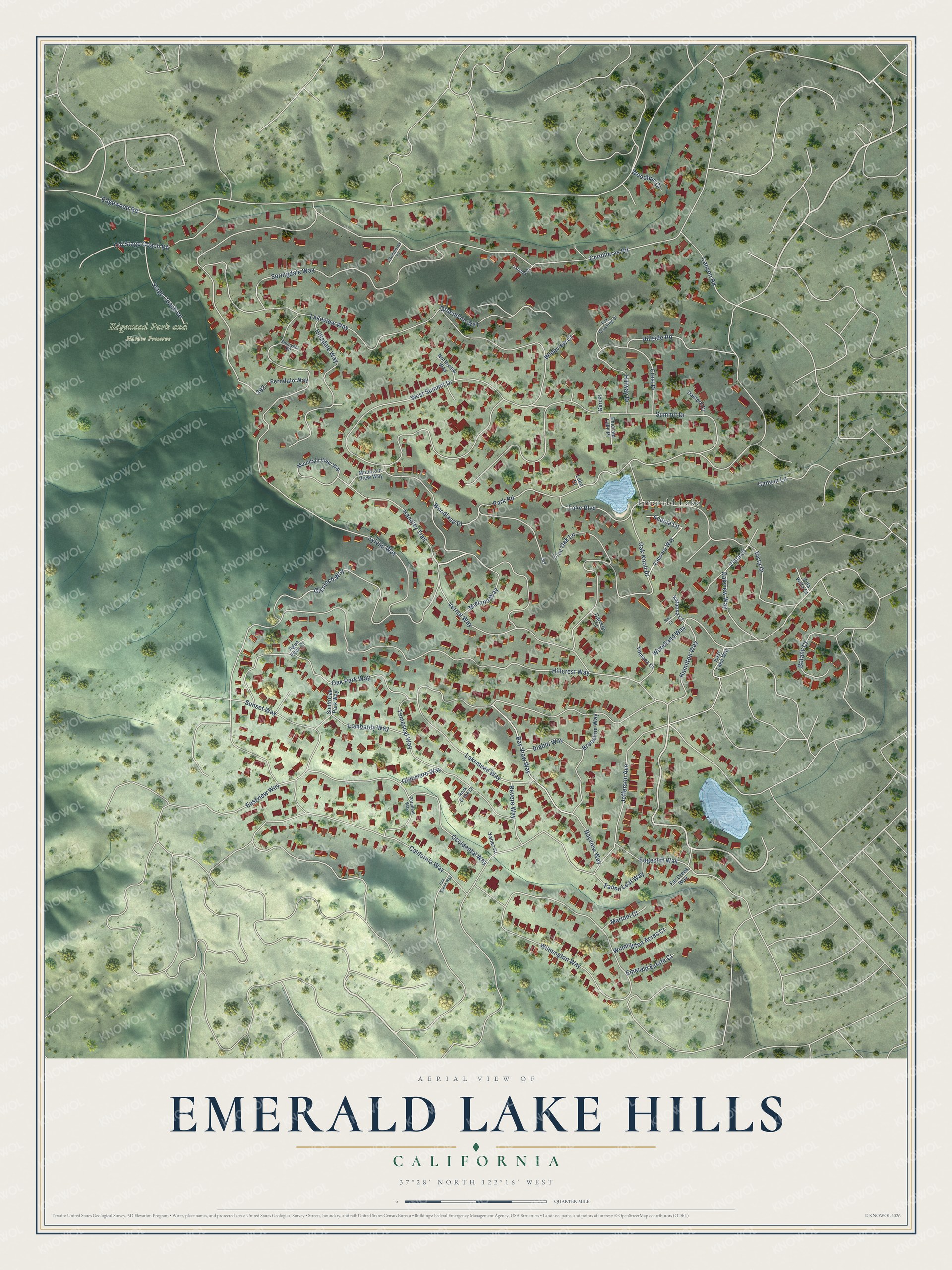 Full map of Emerald Lake Hills, California, with red buildings, printed street names and the land around them