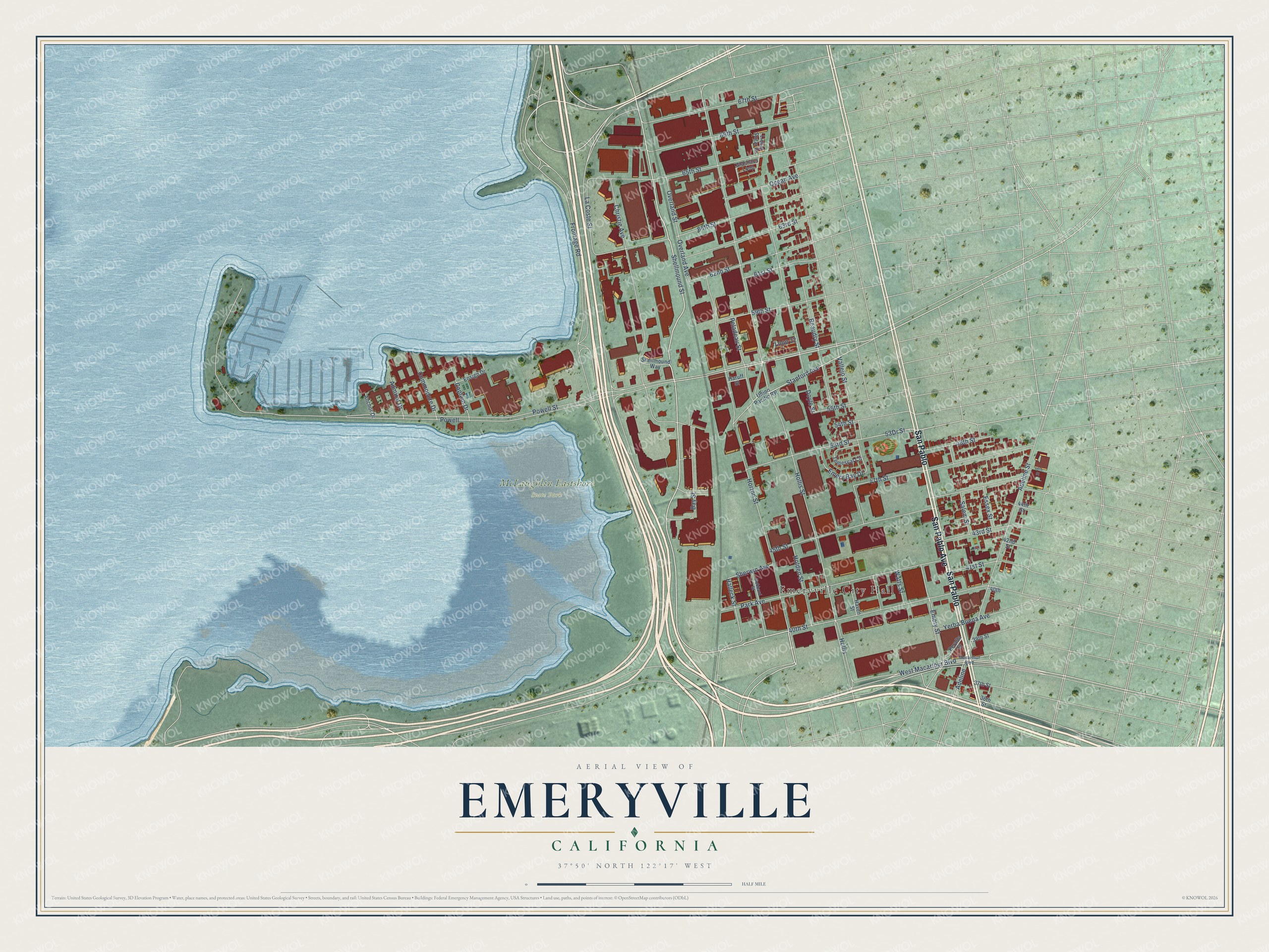Full map of Emeryville, California, with red buildings, printed street names and the land around them