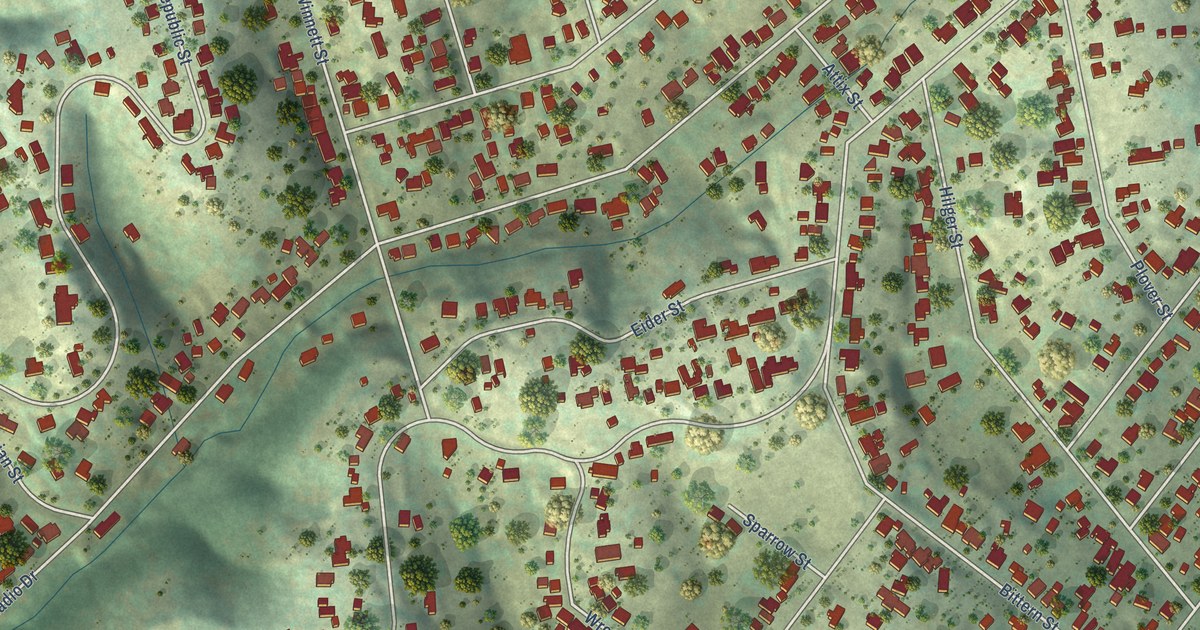 Close-up of streets and buildings in Encanto, California