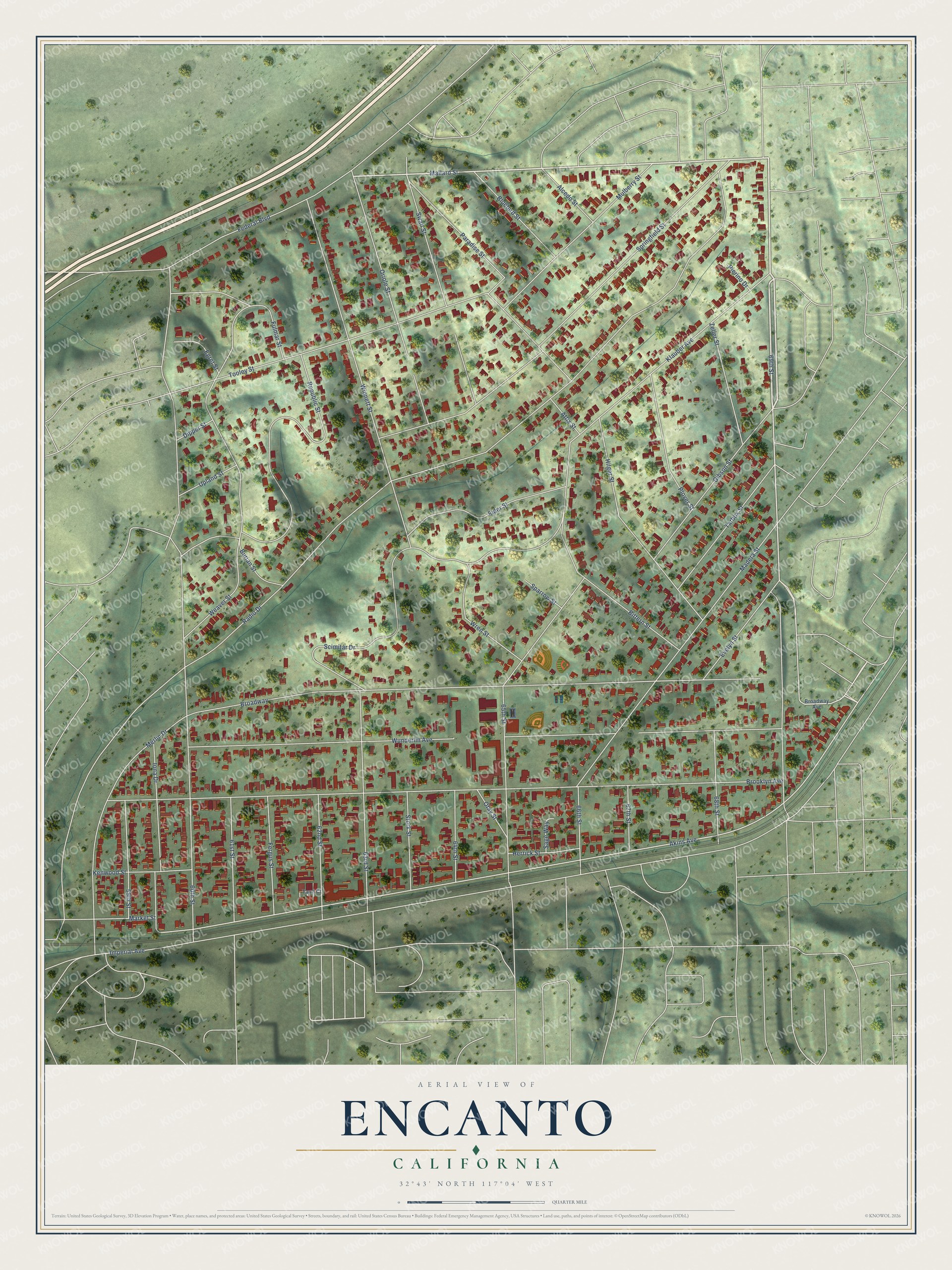 Full map of Encanto, California, with red buildings, printed street names and the land around them