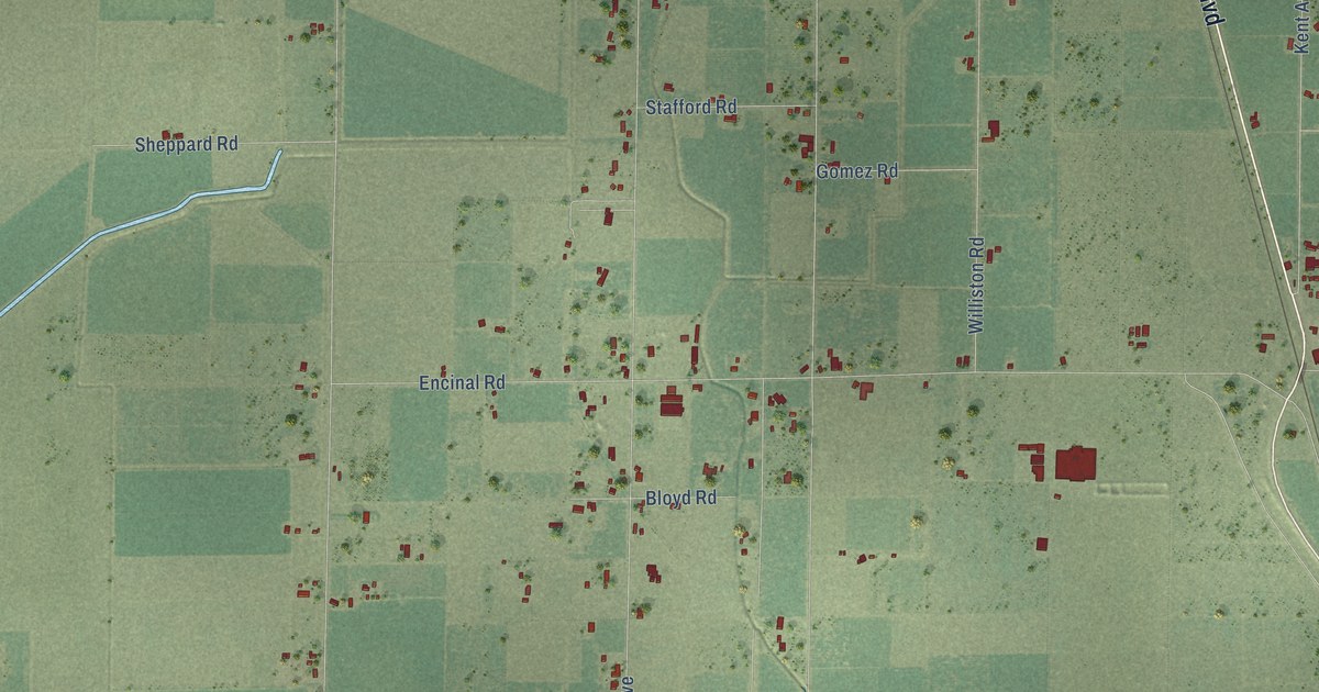 Close-up of streets and buildings in Encinal, California